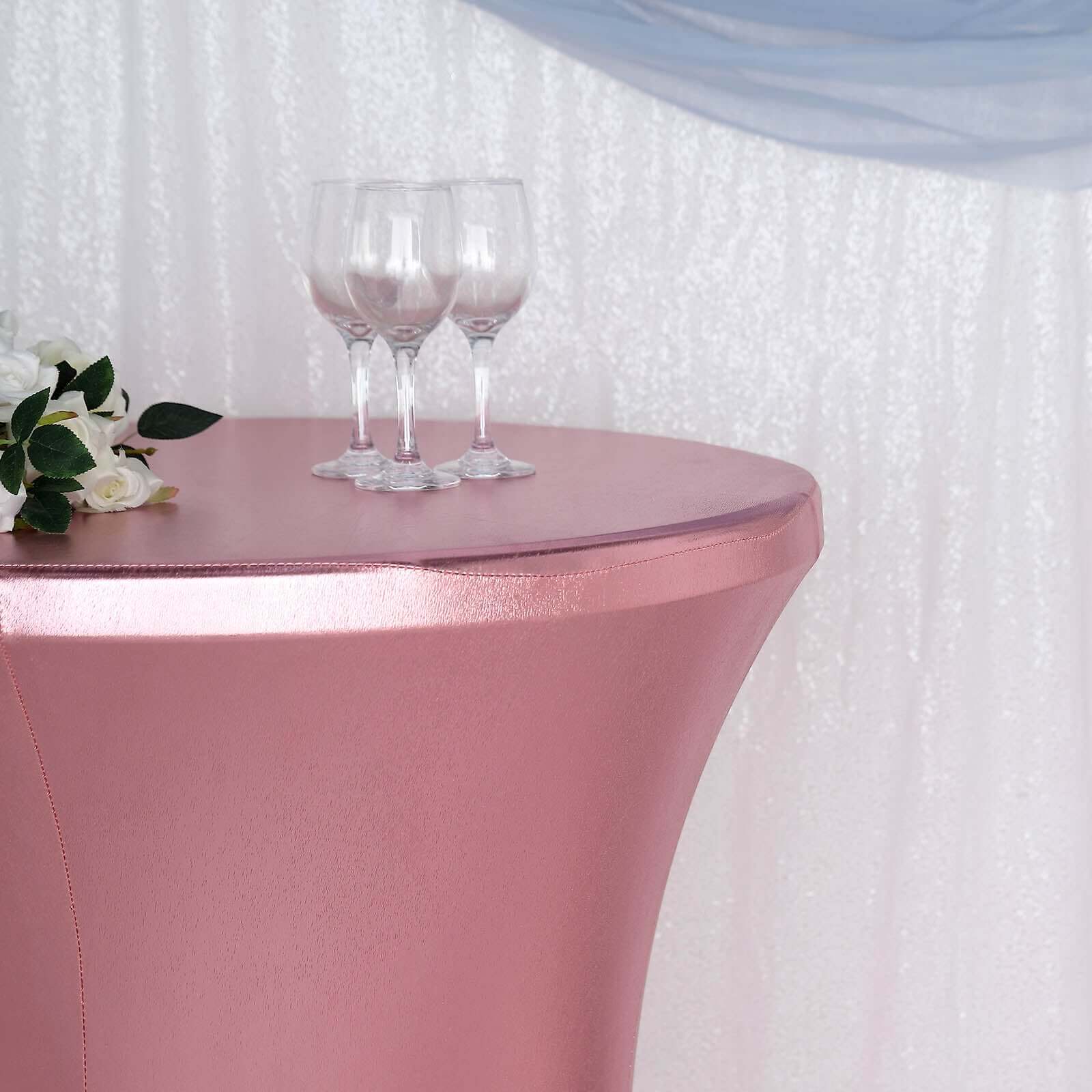 Metallic Spandex 32 Fitted Round Cocktail Table Cover Rose Gold Highboy Tablecloth - Stretch Fit & Water-Resistant