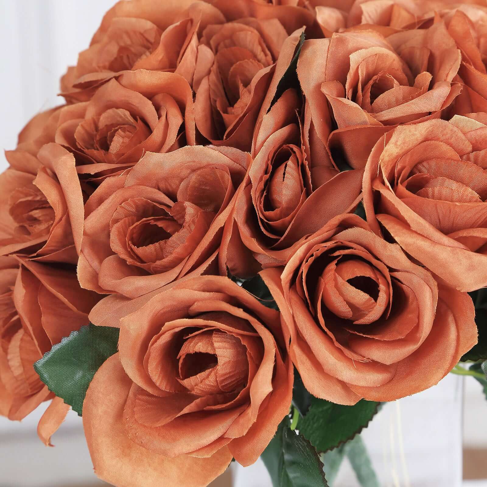 12 Terracotta (Rust) Artificial Velvet-Like Fabric Rose Flower Bouquet Bush