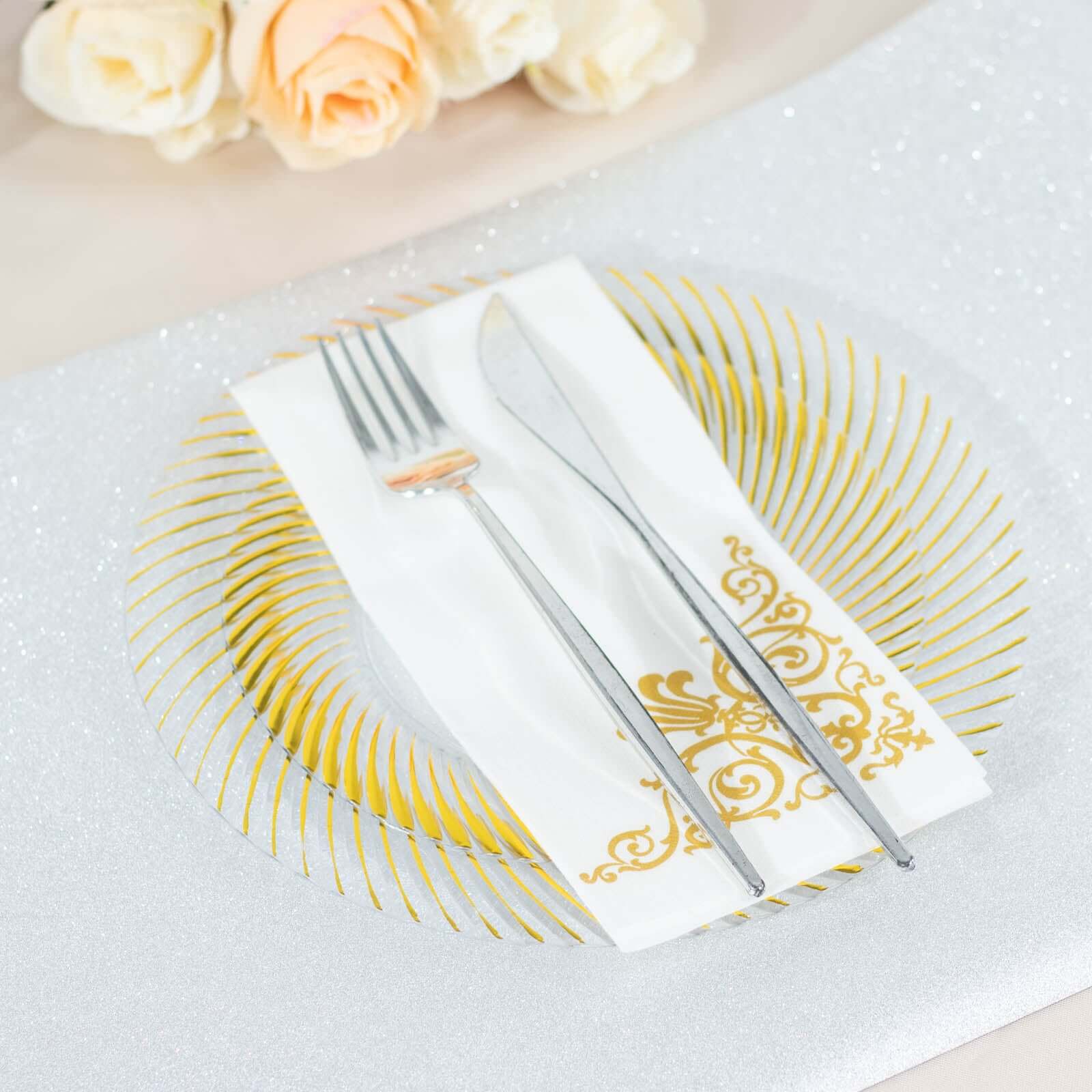 10-Pack Plastic 7 Round Dessert Plates in Clear with Gold Swirl Rim - Disposable Salad Plates