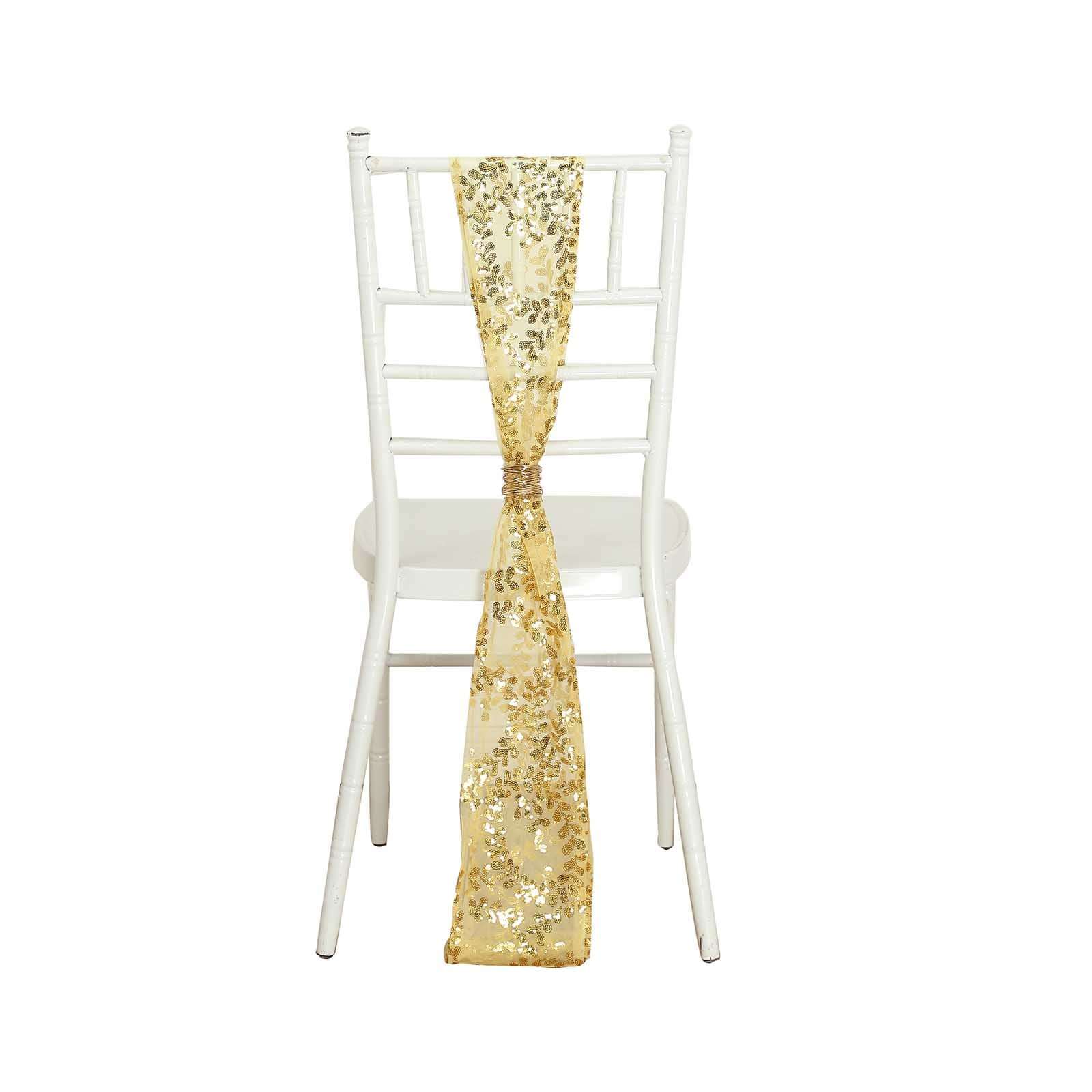 5 Pack Tulle Chair Sashes with Leaf Vine Embroidered Sequins Gold 6x88 - Stylish Decor for Weddings