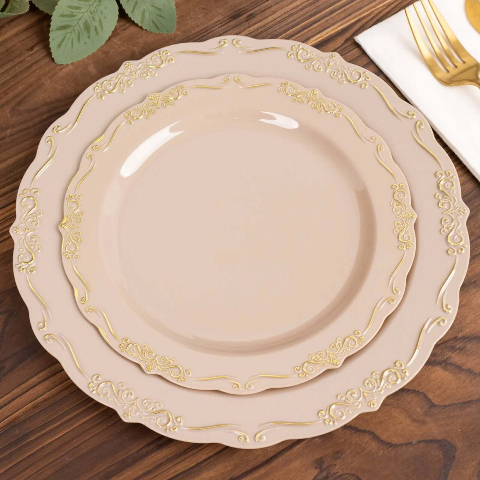 10-Pack Plastic 7 Round Dessert Plates in Taupe with Gold Vintage Embossed Rim - Sturdy Disposable Scalloped Edge Salad Plates