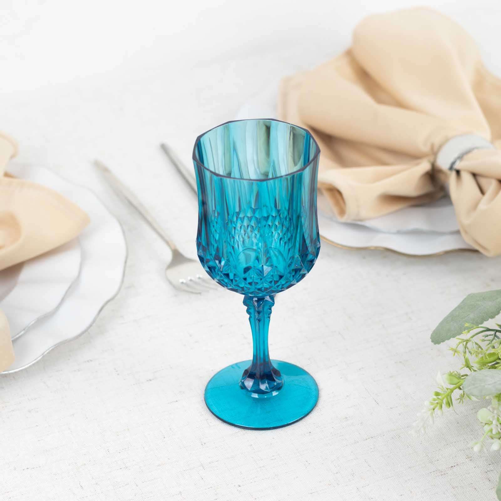 6-Pack Plastic Cocktail Goblets Ocean Blue Transparent Crystal Cut - Shatterproof Drinkware 8oz