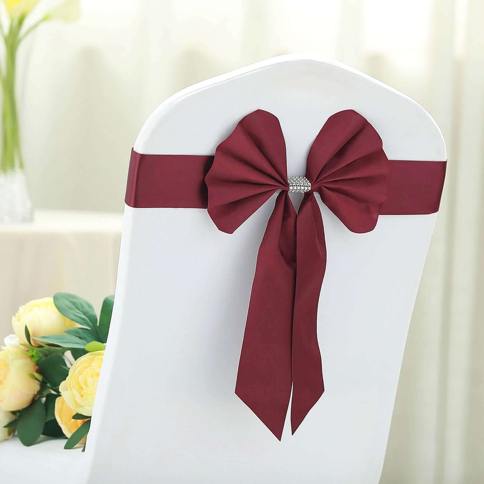 5 Pack Satin Faux Leather Chair Sashes Burgundy - Durable Double Sided Pre-tied Bow Tie Chair Bands with Diamond Rhinestone Buckles
