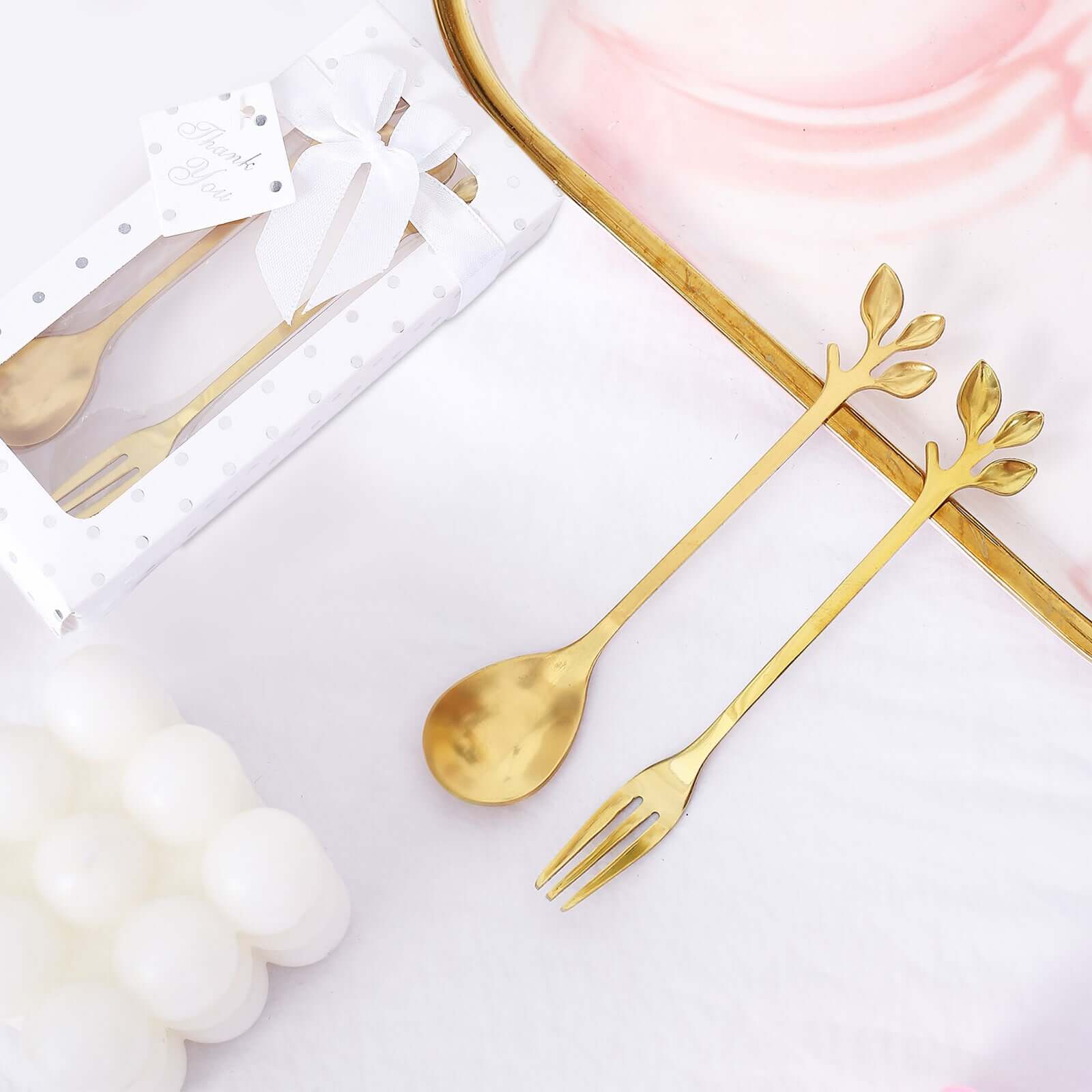 Gold Metal Spoon & Fork Pre-Packed Wedding Party Favors Set With Leaf Shaped Handle, Bridal Shower Souvenir Gift Box - 5