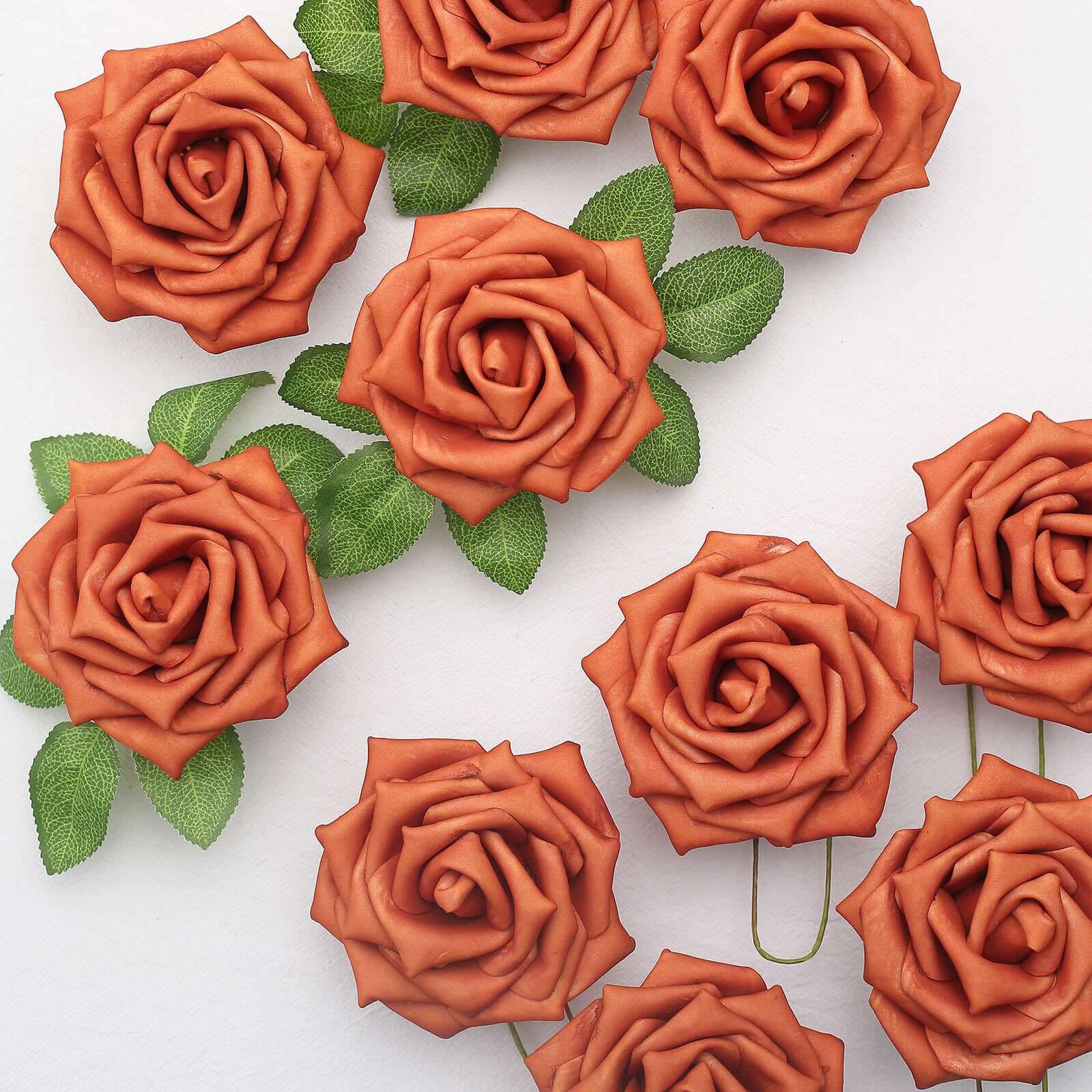 24 Roses 5 Terracotta (Rust) Artificial Foam Flowers With Stem Wire and Leaves