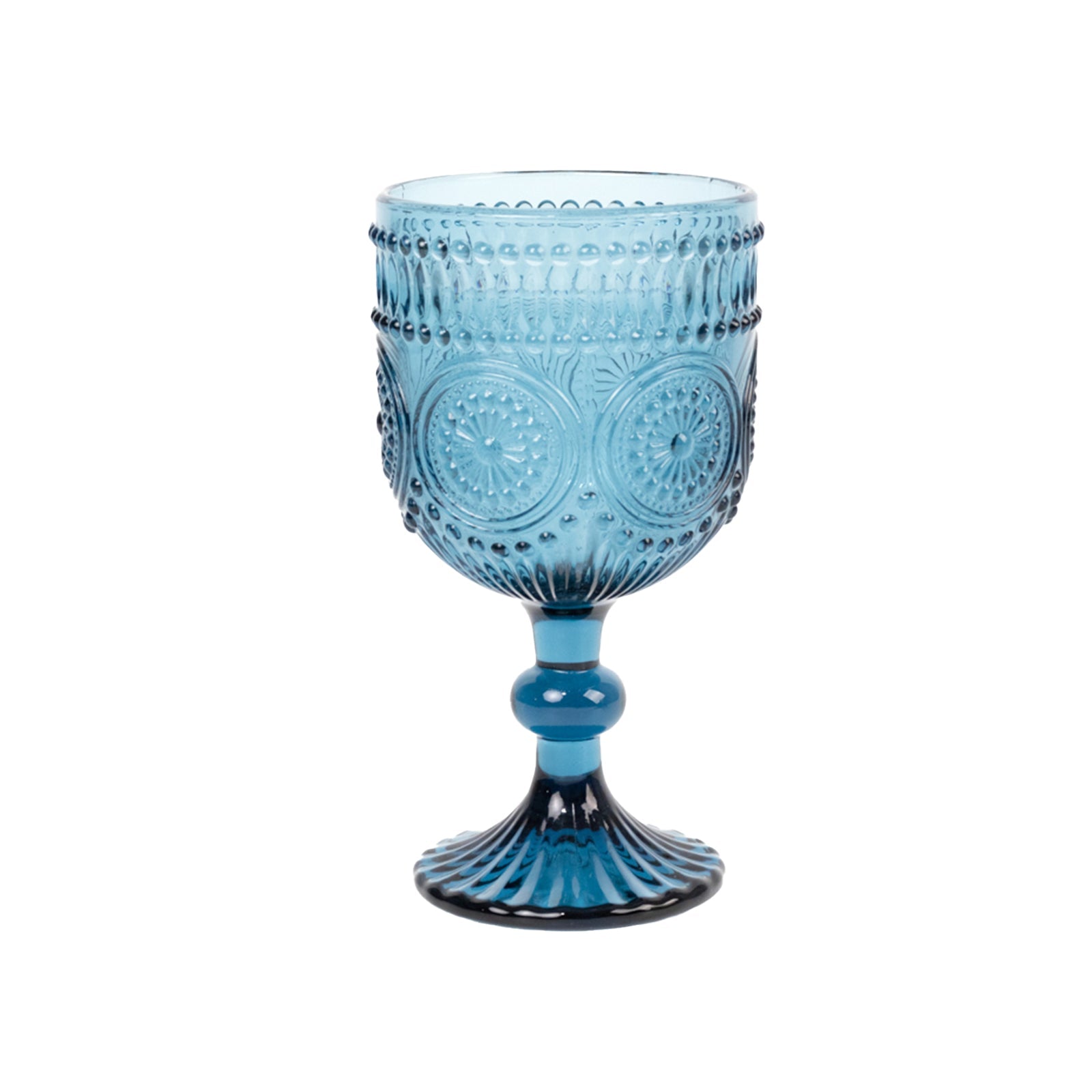 6-Pack Wine Glasses Ocean Blue Vintage Embossed Design with Textured Floral Pattern - Short Stemmed Glasses for Drinks & Cocktails 12oz