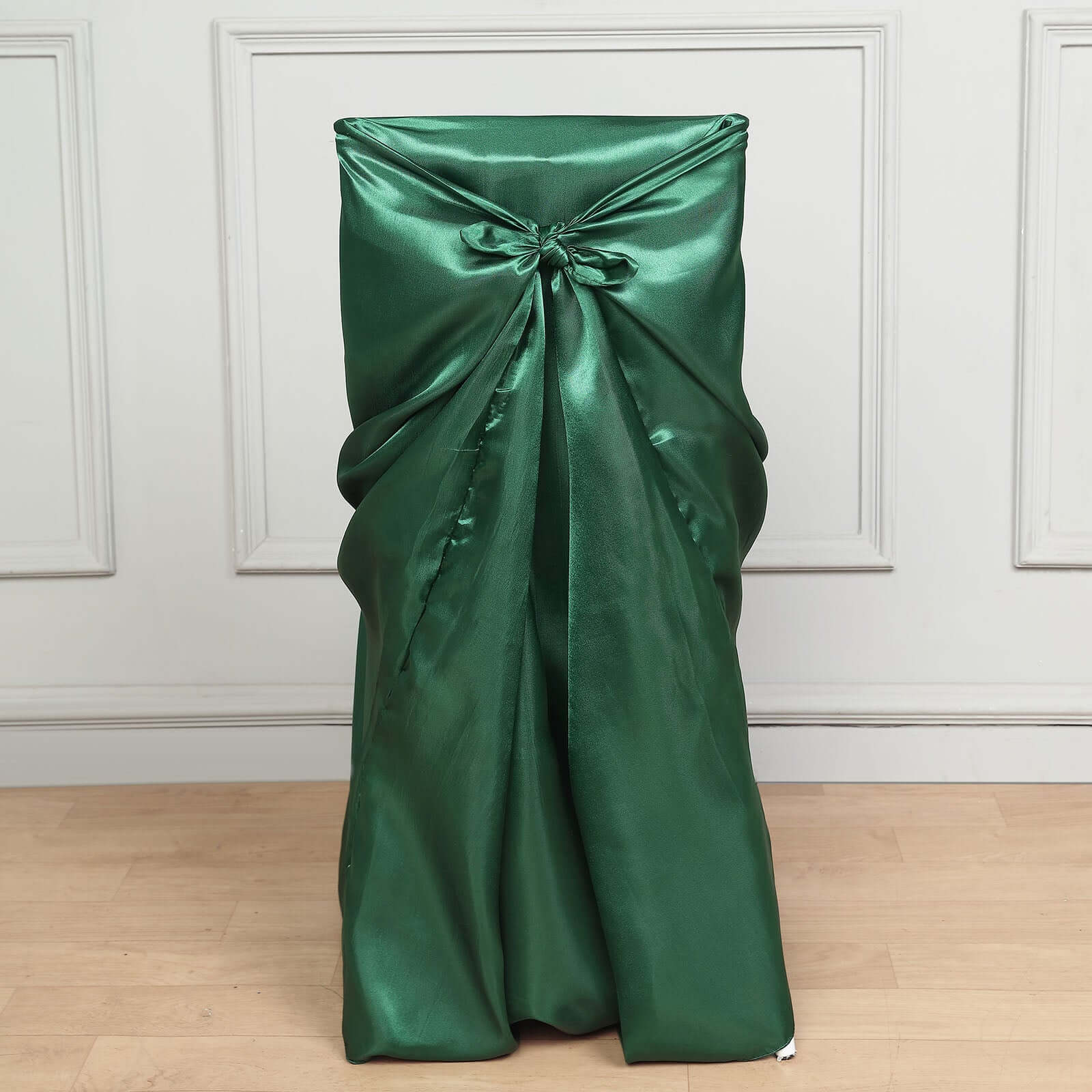 Satin Chair Cover Self-Tie Universal Design Hunter Emerald Green - Durable Slip-On Cover for Folding, Dining, Banquet & Standard Chairs