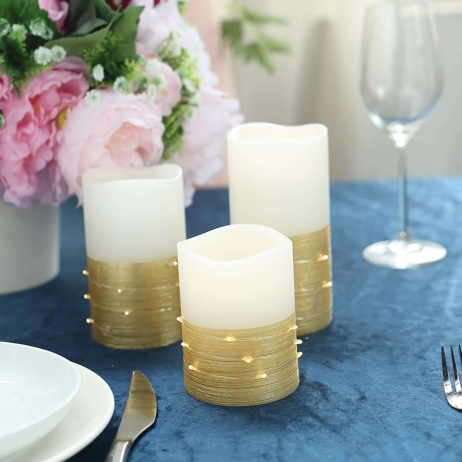 Set of 3 LED Flameless Pillar Candles Wrapped with Fairy String Lights Gold - Remote Operated 4, 5, 6