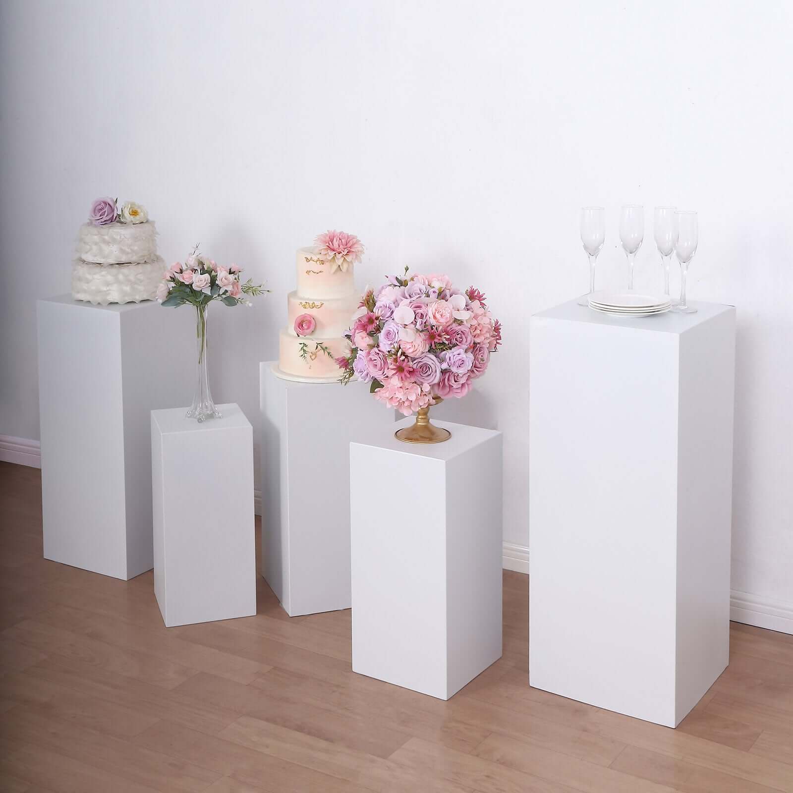 Set of 5 White Metal Rectangular Prop Pedestal Stands Backdrop Decor, Plinth Pillar Display Boxes