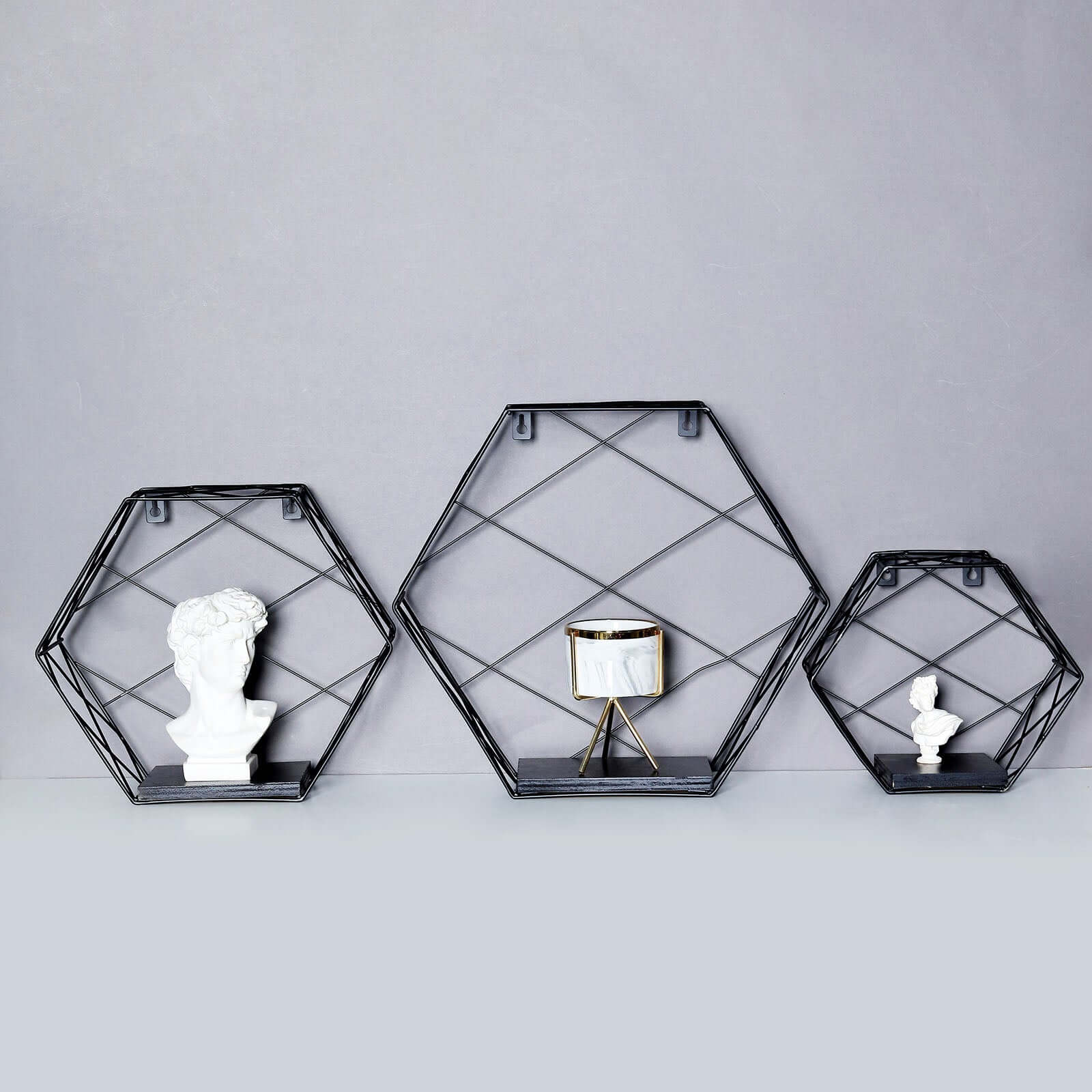 3 Pack Black Hexagonal Floating Wall Shelves, Decorative Geometric Wall Mounted Shelves - 9,12,14