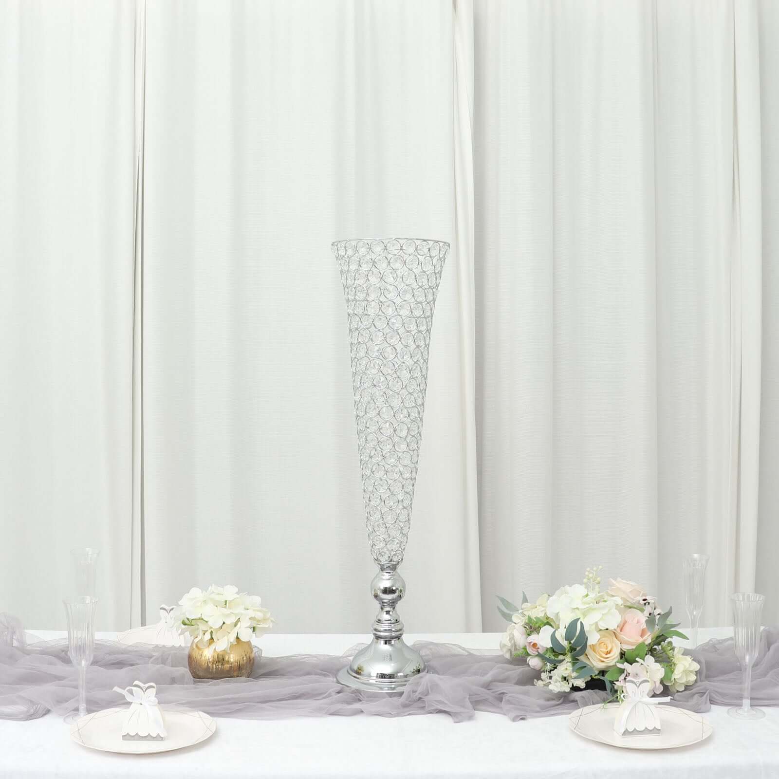 3-Pack Crystal Beaded Trumpet Vase Silver - Exquisite Floral Display Centerpiece Stand Set for Banquets & Receptions 28 Tall