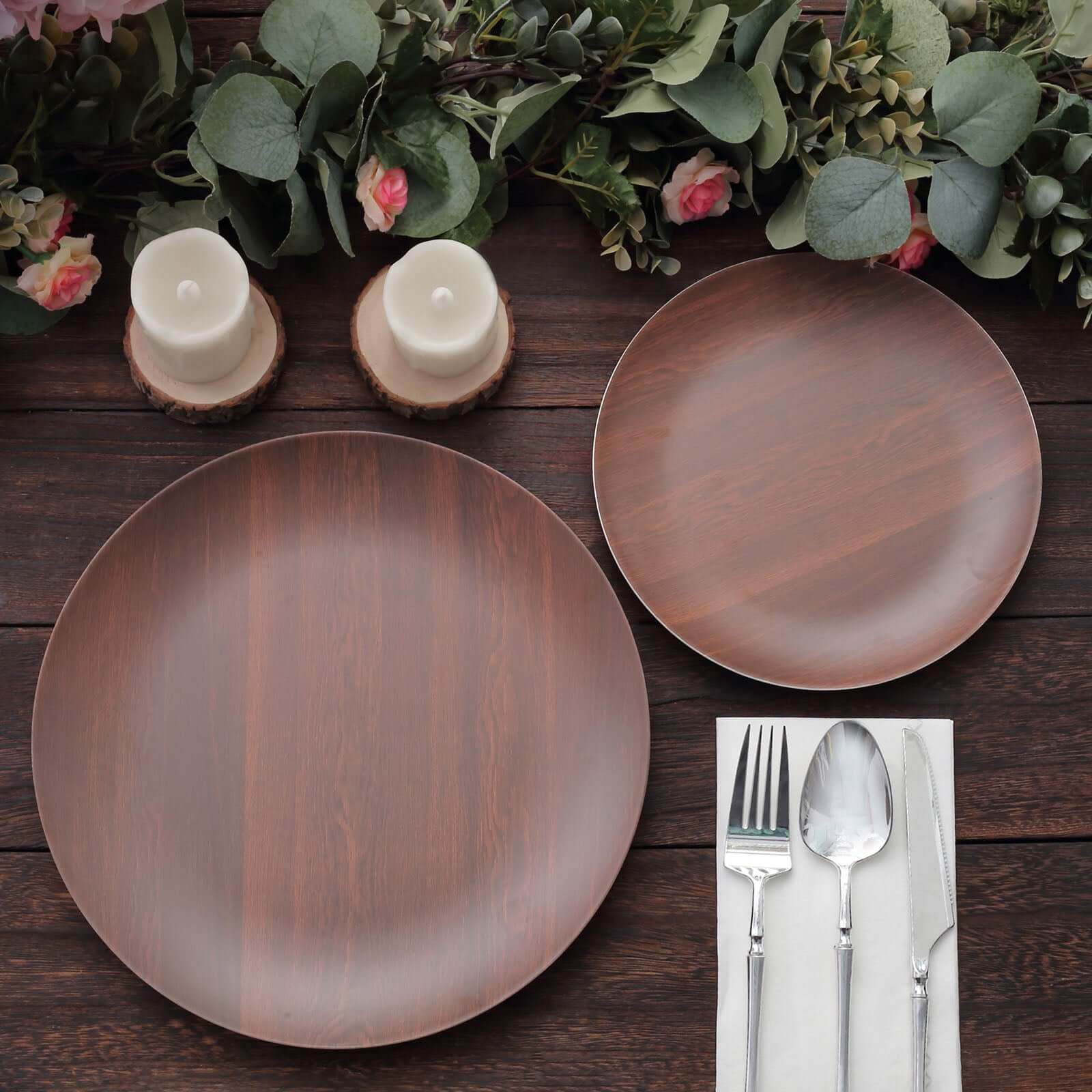 Pack of 6 Melamine 8 Round Dessert Plates in Brown Wood Grain Print - Disposable Shatterproof Appetizer Salad Plates for Rustic Farmhouse-Inspired Table Decor