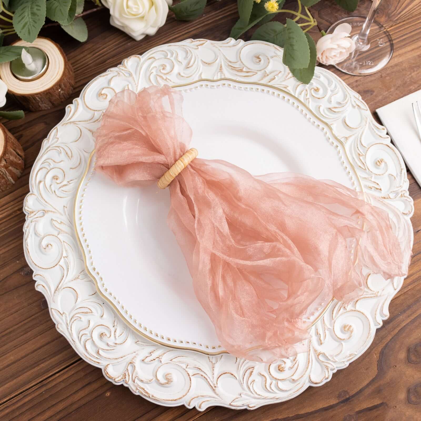5 Pack Crinkled Organza 21x21 Napkins Dusty Rose - Rustic Style Dinner & Party Napkins