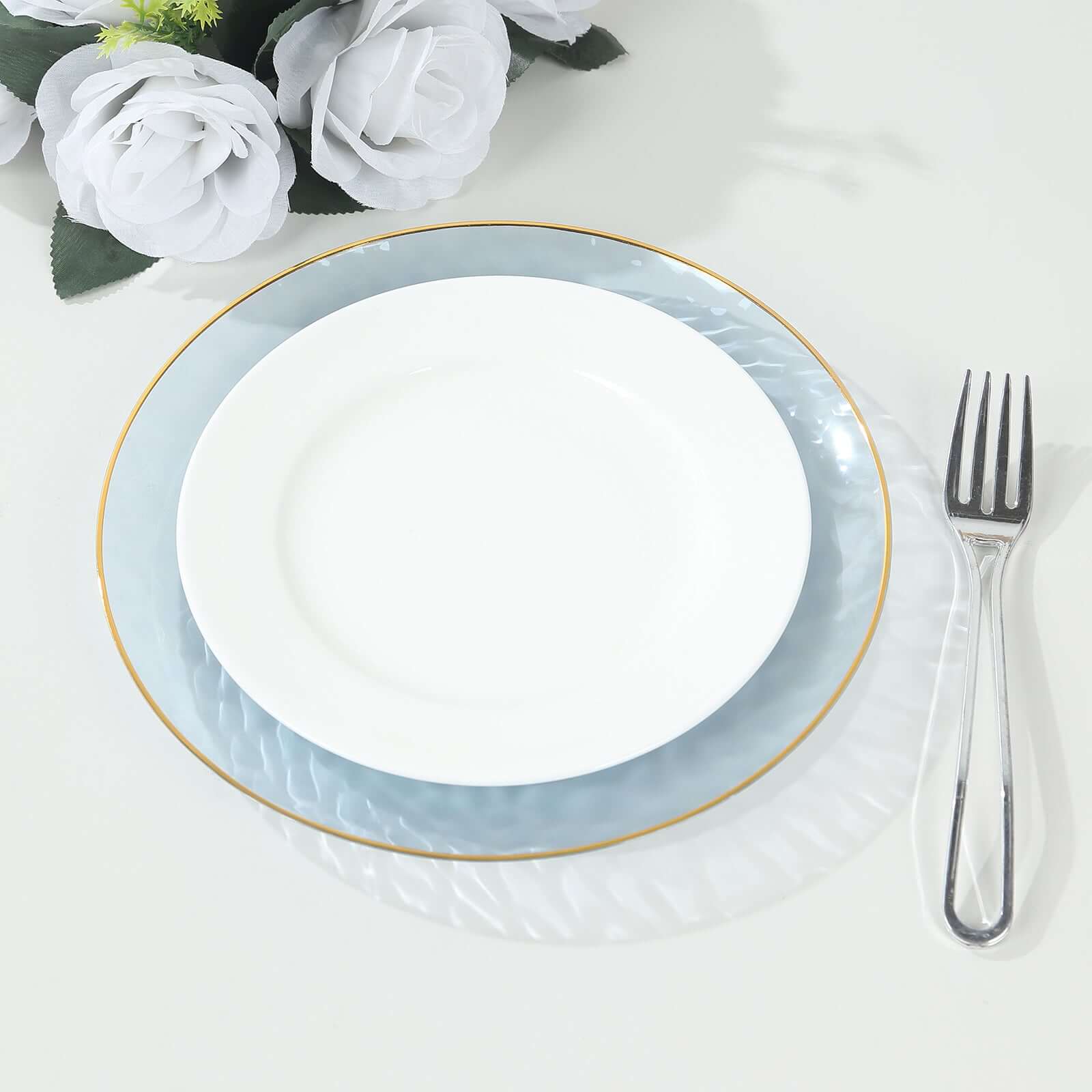 10-Pack Plastic 9 Round Dinner Plates in Transparent Dusty Blue Hammered Design with Gold Rim - Modern Disposable Party Plates