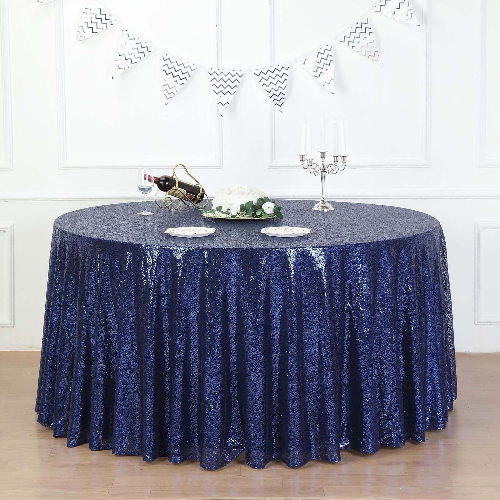 Sequin 132 Round Tablecloth Navy Blue - Seamless Dazzling Table Cover