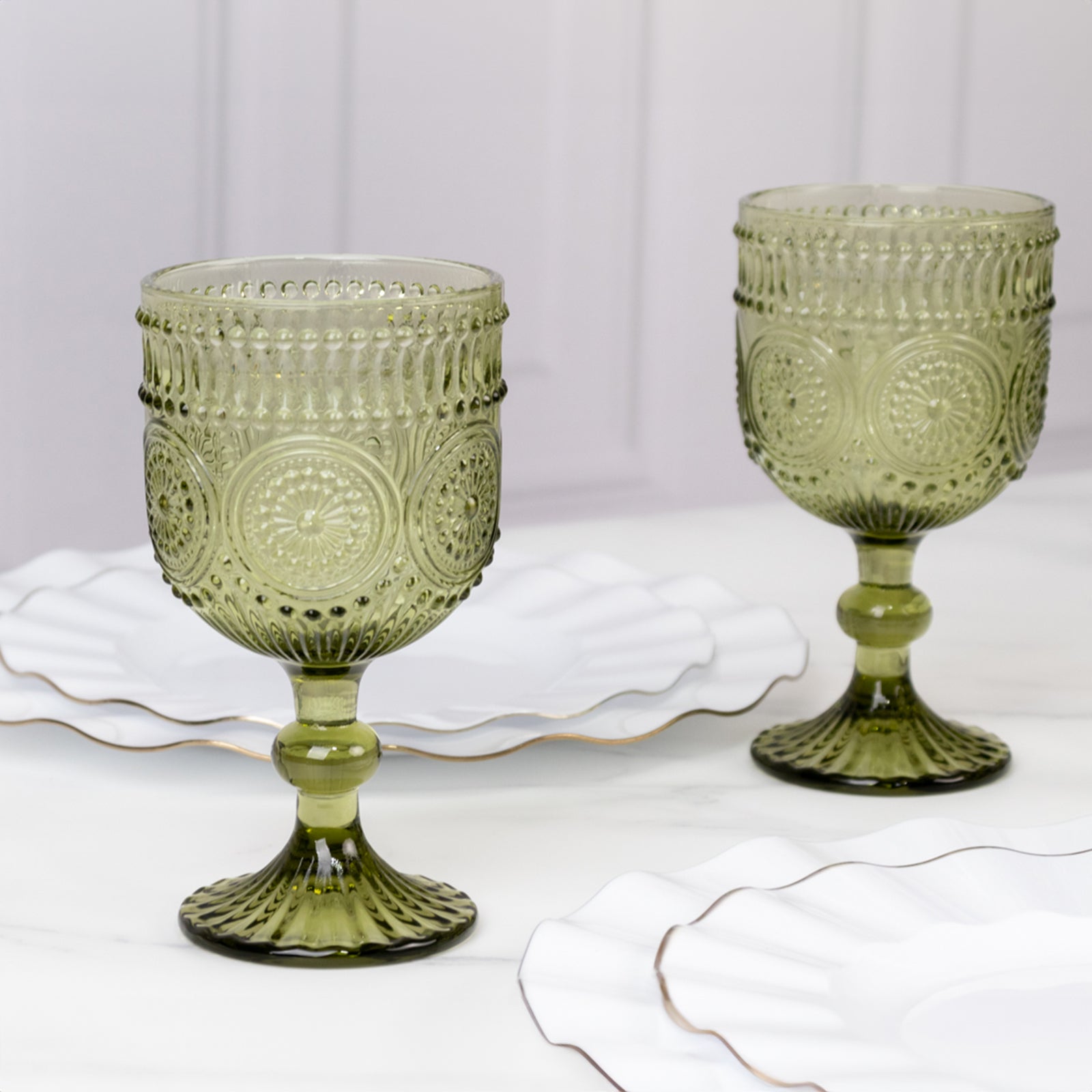 6-Pack Wine Glasses Dusty Sage Green Vintage Embossed Design with Textured Floral Pattern - Short Stemmed Glasses for Drinks & Cocktails 12oz