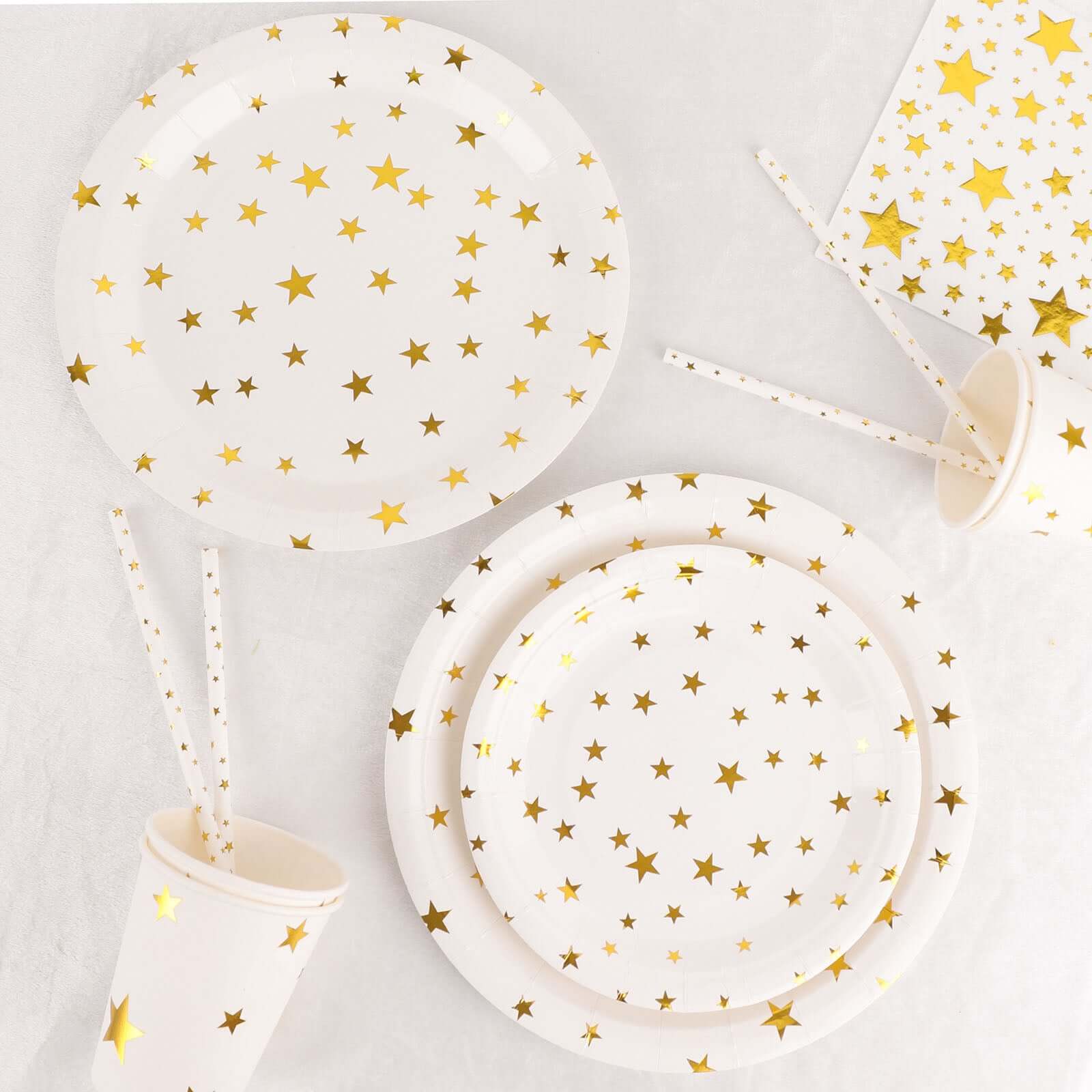 120 Pcs Paper Dinnerware Set White with Gold Stars Design - Disposable Tableware Combo-Pack with Plates, Cups, and Napkins