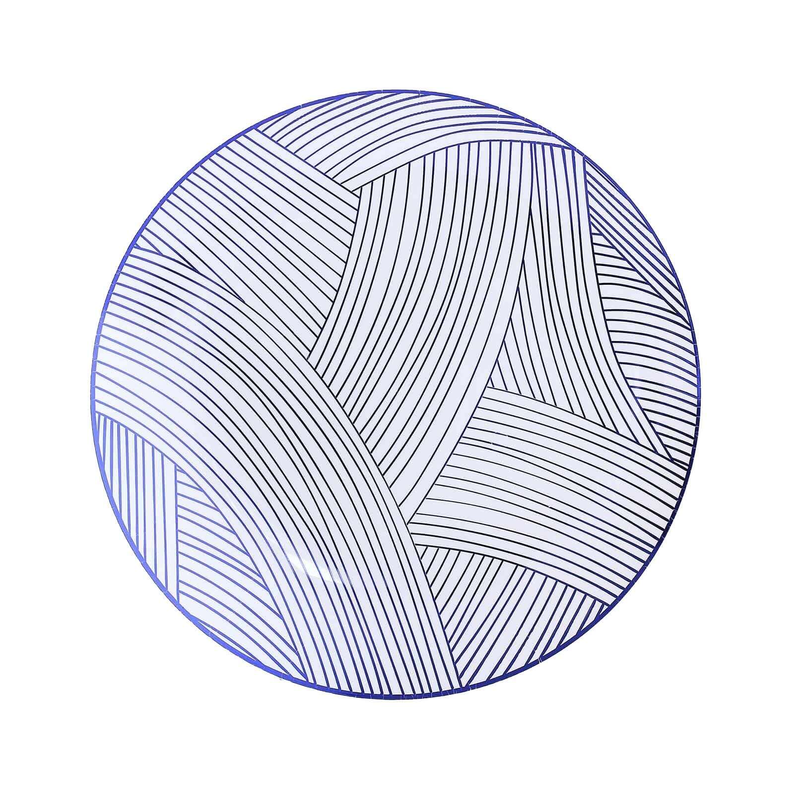 10-Pack Plastic 10 Round Dinner Plates in White with Blue Wave Brush Strokes Pattern - Disposable Party Plates