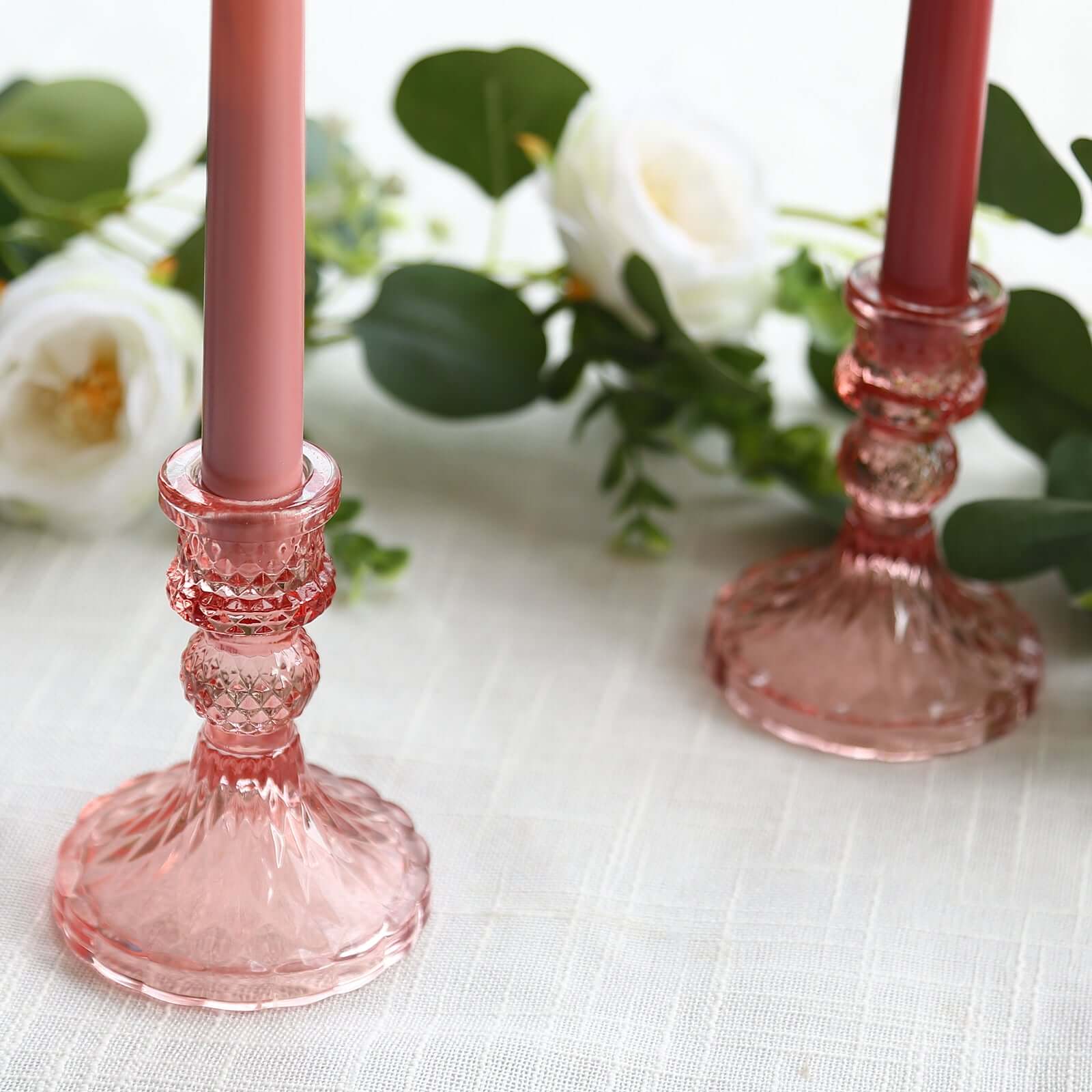 6-Pack Glass Taper Candlestick Holders Diamond Pattern Design Dusty Rose - Reversible Crystal Pillar Votive Stands 4