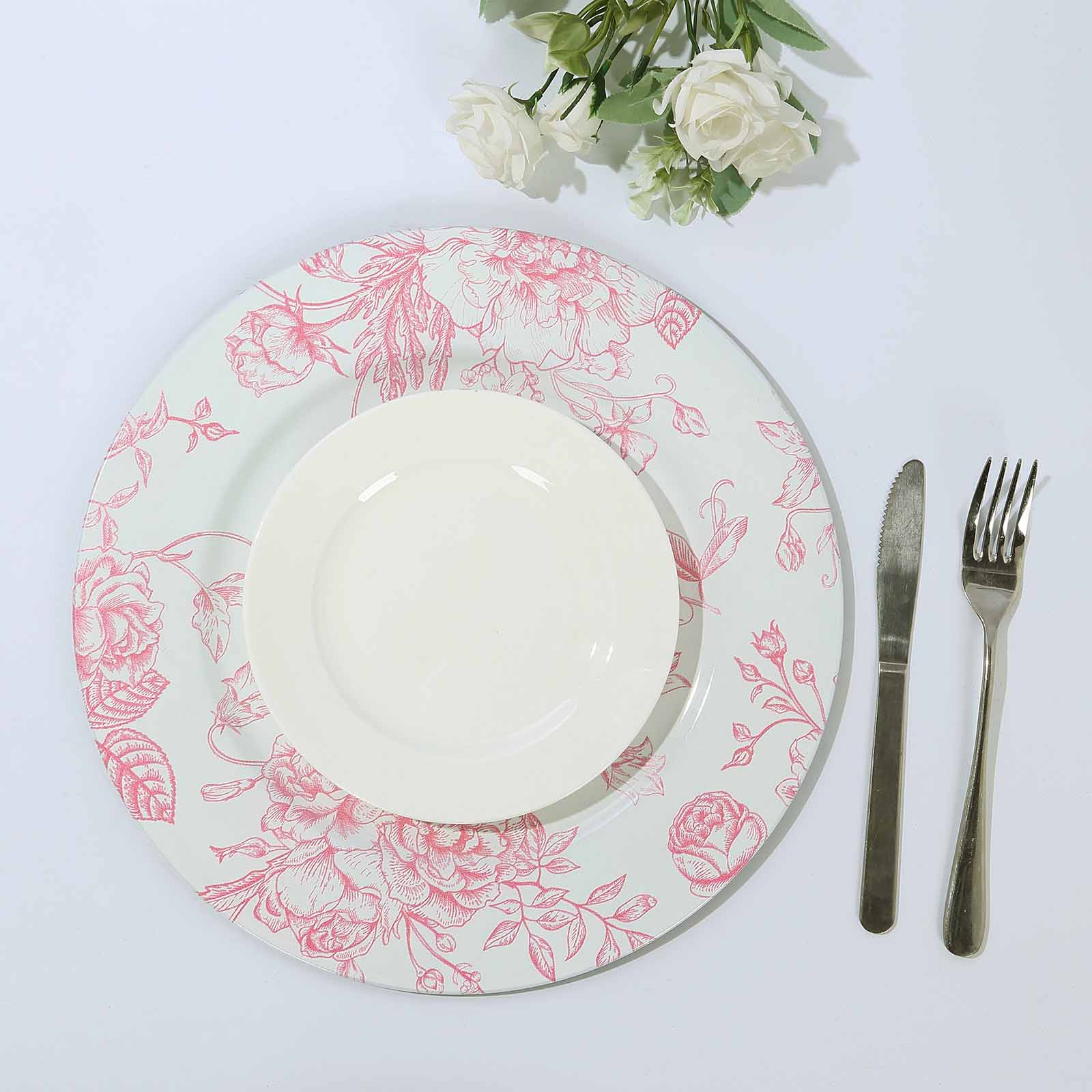 6-Pack Acrylic Round Charger Plates 13 in White with Pink Floral French Toile Pattern, Decorative Dinner Party Charger Tableware