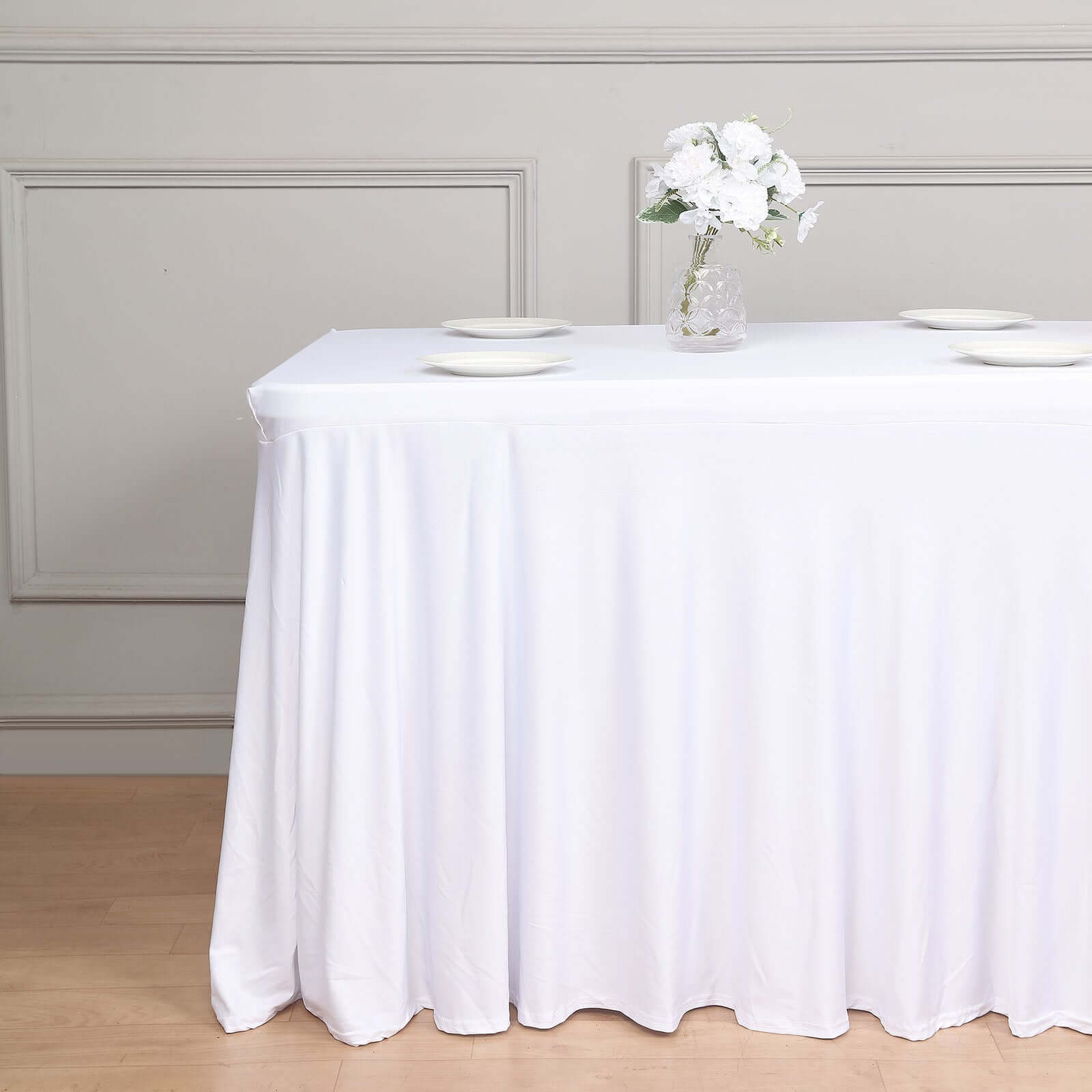 Spandex Rectangle 72x30 Table Skirt White with Wavy Skirt-Like Effect Stylish Table Cover for Weddings, Banquets & Trade Shows