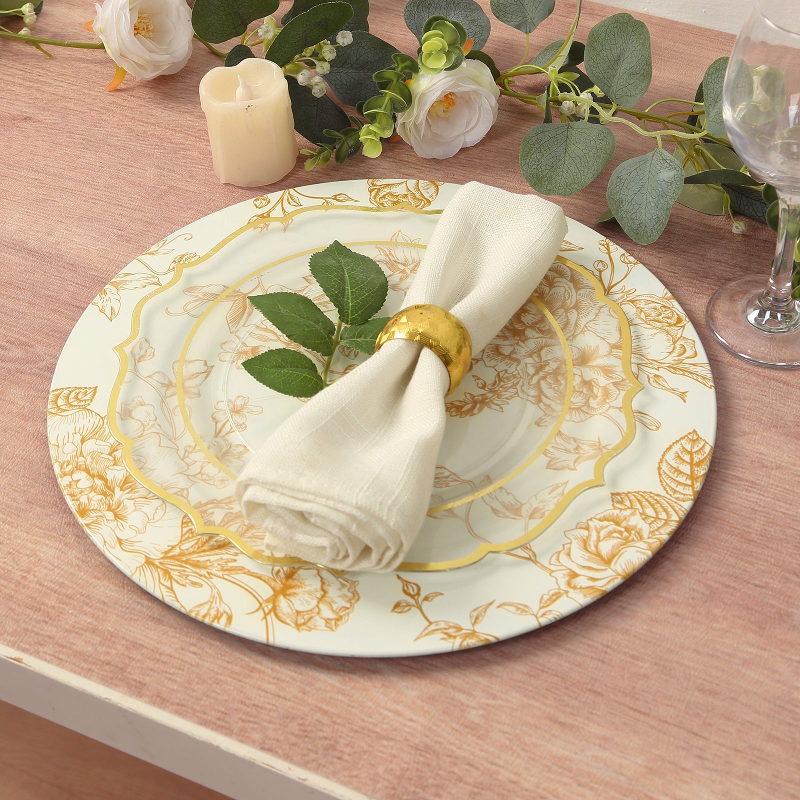 6-Pack Acrylic Round Charger Plates 13 in White with Gold Floral French Toile Pattern, Decorative Dinner Party Charger Tableware