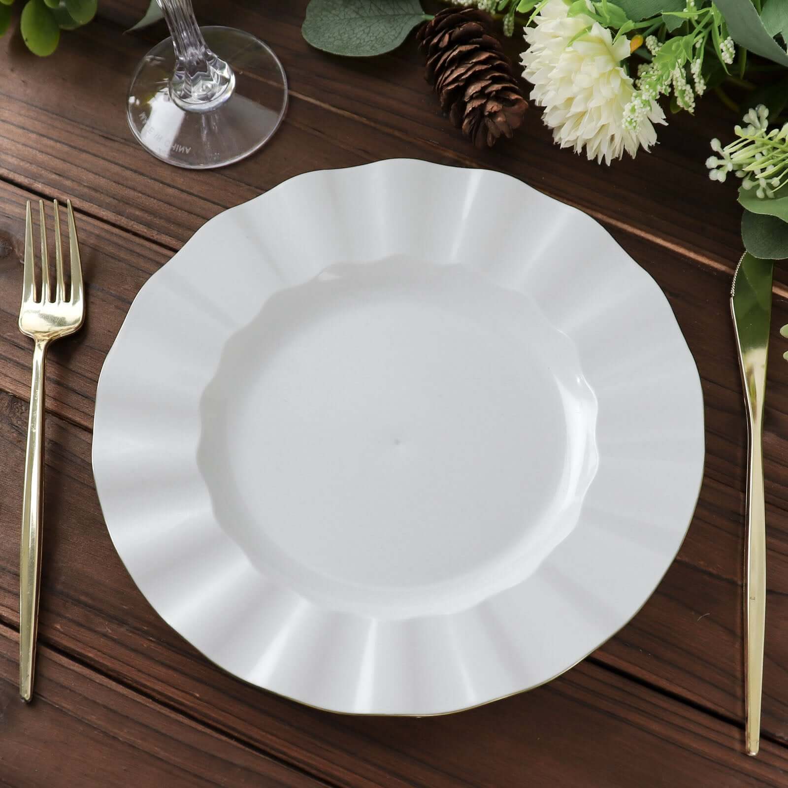 10-Pack Plastic 9 Round Dinner Plates in White Ruffled Rim with Gold Edging - Sturdy Disposable Dinnerware for Classy Events & Banquets