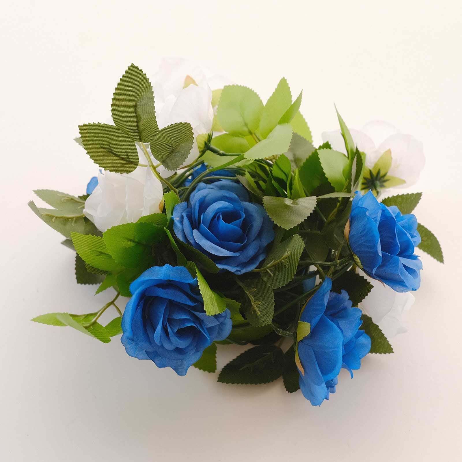 2 Pack 7ft White Royal Blue Artificial Silk Flower Garland Mini Rose Vines with 26 Flower Heads