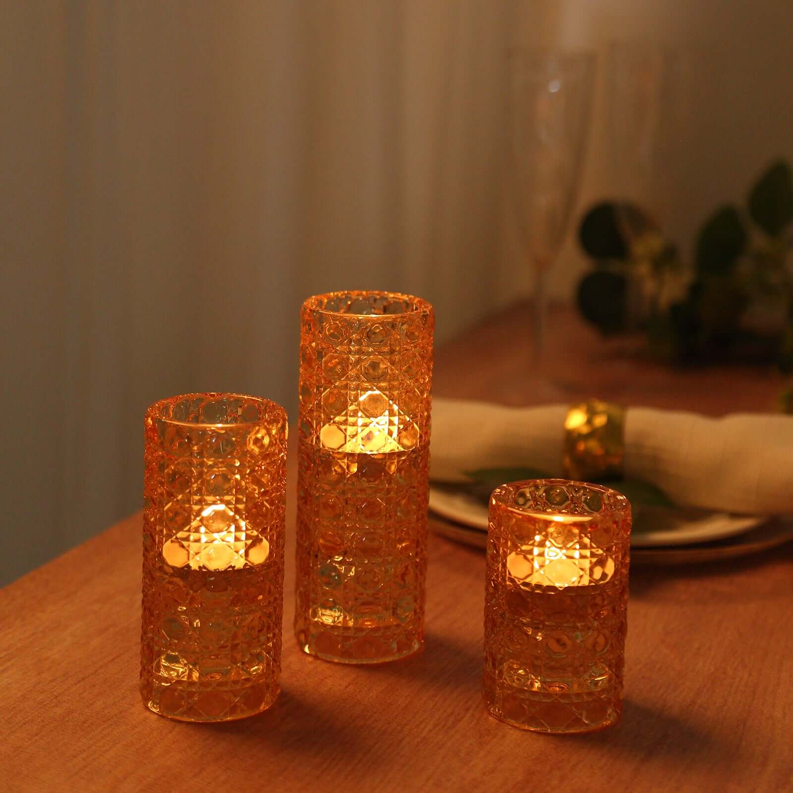 Set of 3 Glass Taper Candle Holders Amber Gold with Gemstone Pattern - Dual Sided Crystal Cylinder Tealight Stands 3, 4, 5.5