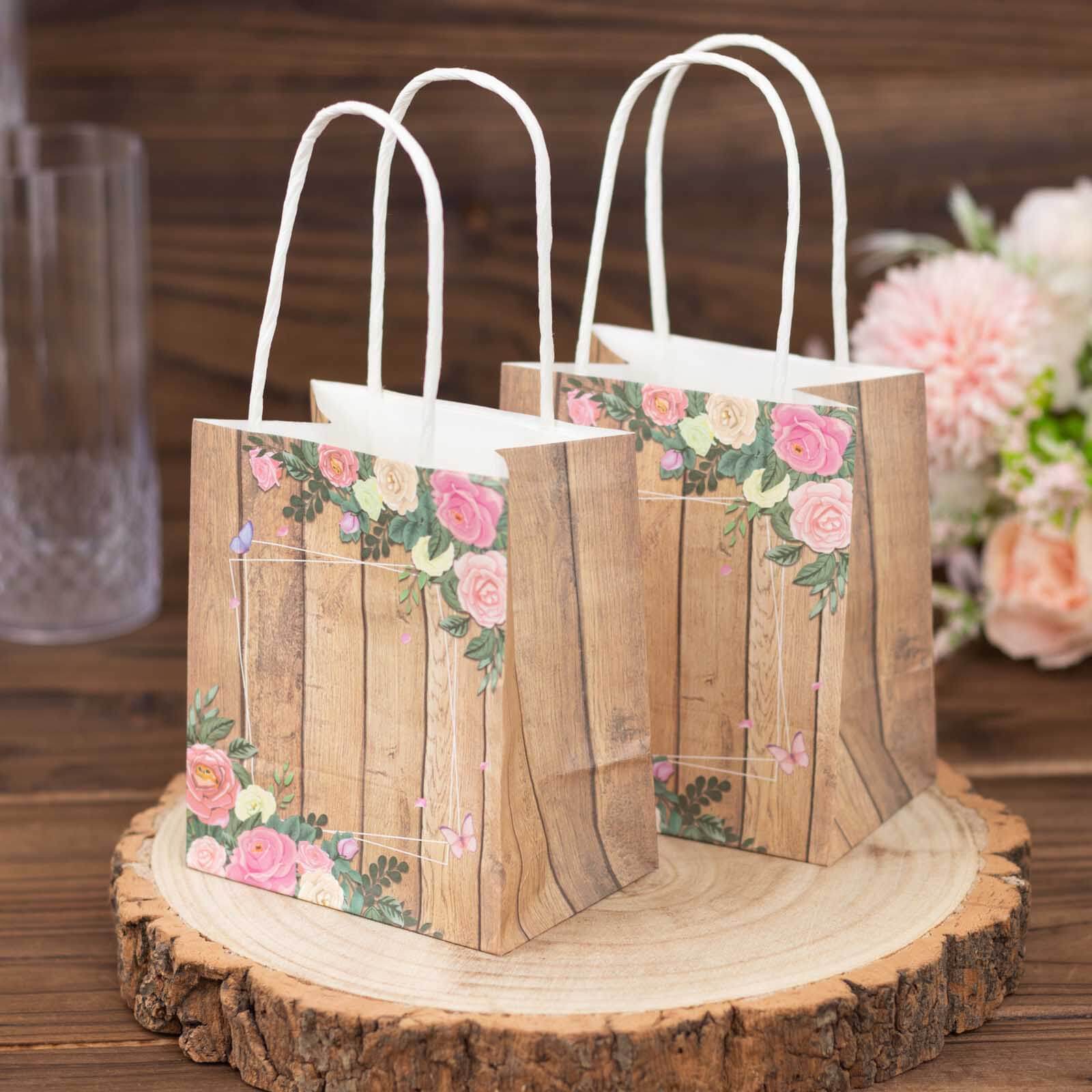 12 Pack Natural Wood Print Paper Party Favor Bags with Rose Floral Accent, Small Gift Goodie Bags With Handles - 4x5