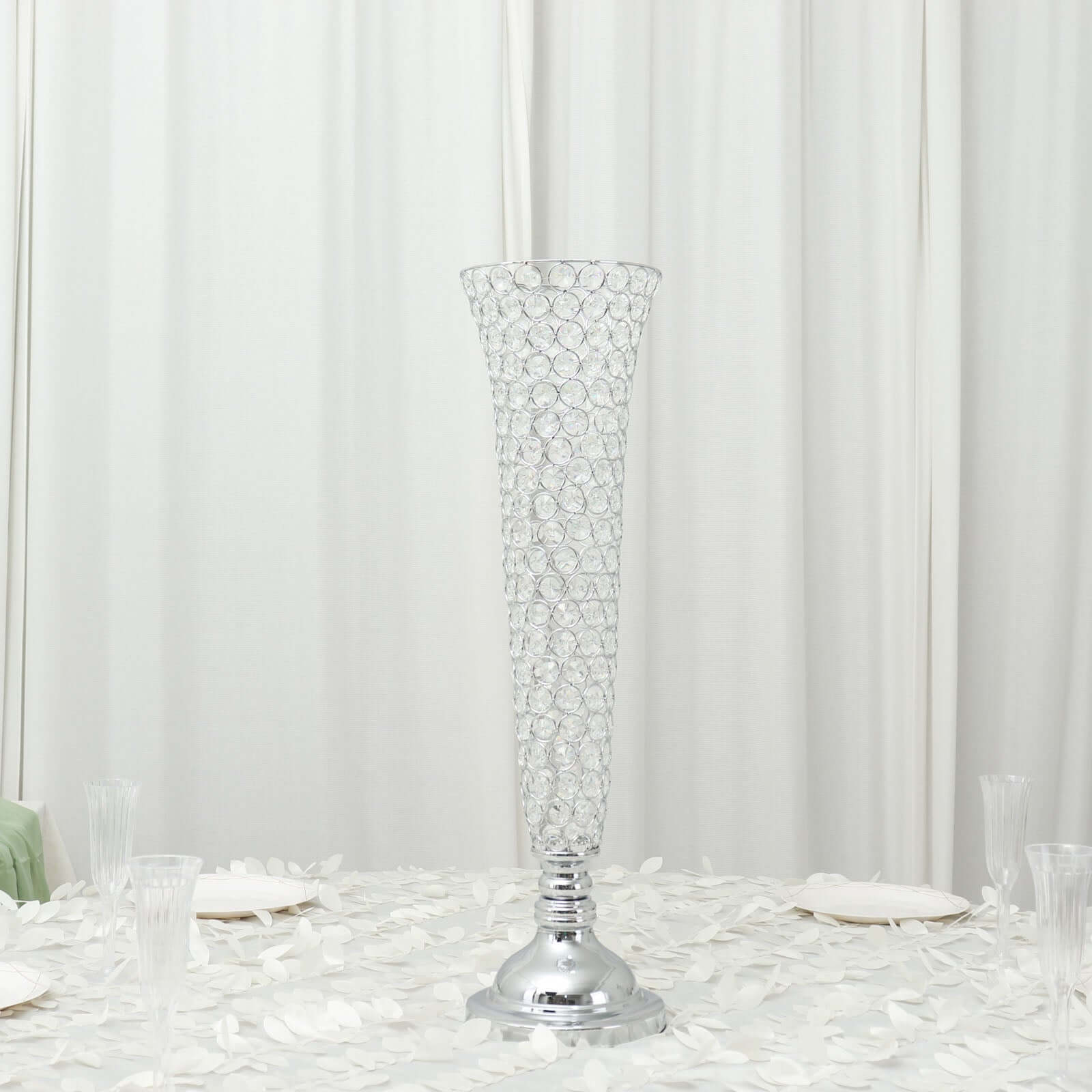 3-Pack Crystal Beaded Trumpet Vase Silver - Exquisite Floral Display Centerpiece Stand Set for Banquets & Receptions 28 Tall