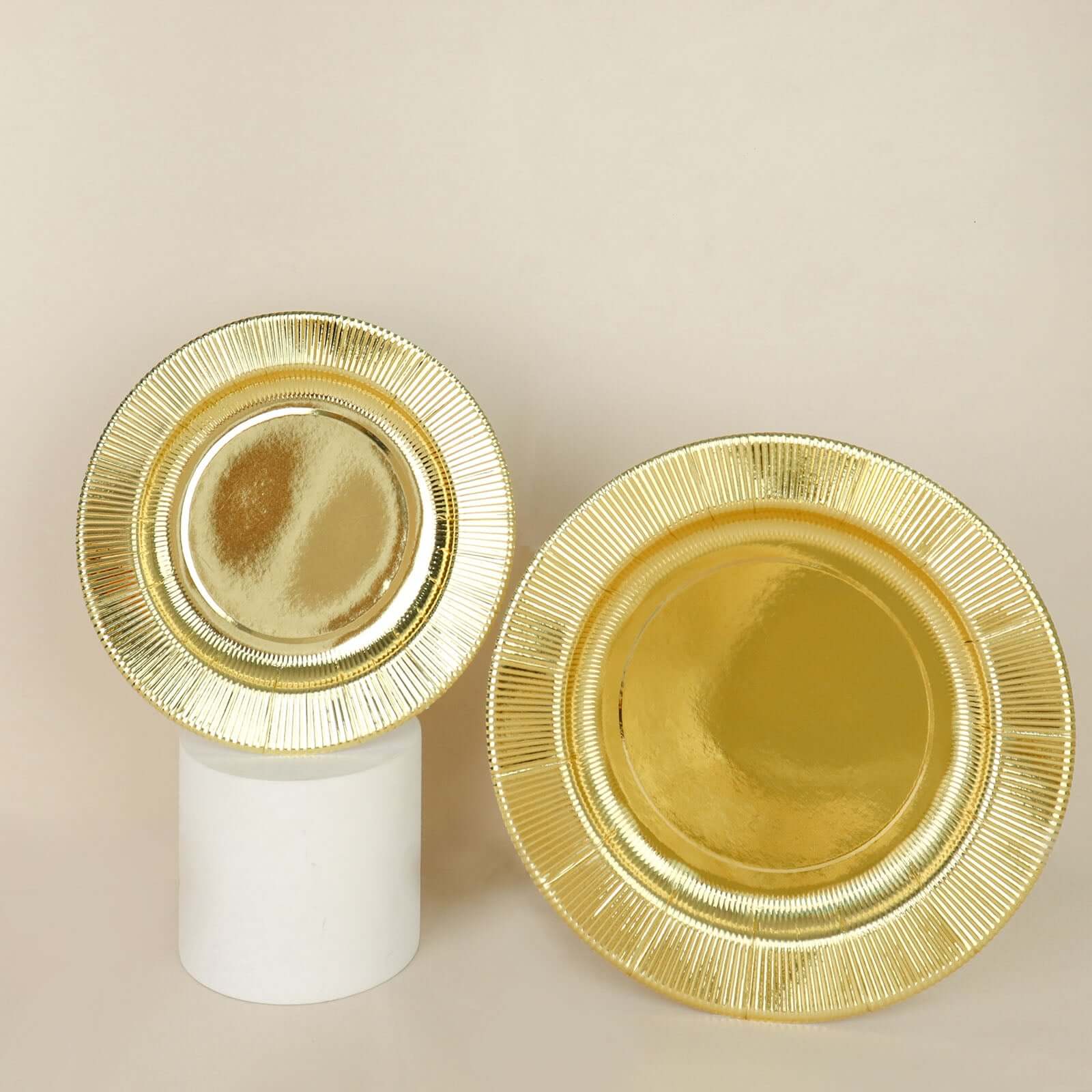 25-Pack Paper 8 Round Dessert Plates in Metallic Gold Sunray Design - Disposable Heavy Duty 350GSM Appetizer Salad Plates