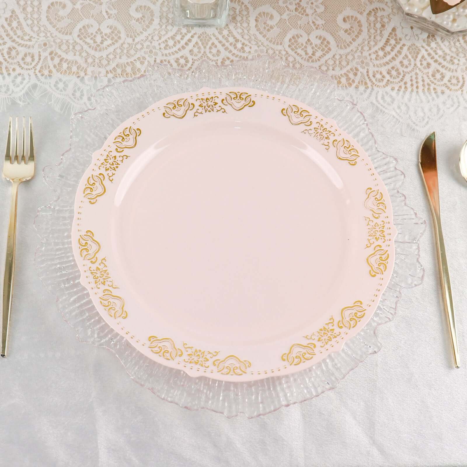 10-Pack Plastic 10 Round Dinner Plates in Blush with Gold Embossed Scalloped Edge - Chic Disposable Party Plates for Special Occasions & Banquets