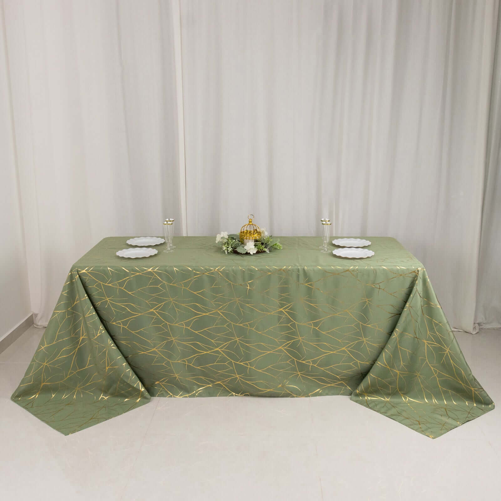 Polyester 90x132 Rectangle Tablecloth Dusty Sage Green with Gold Foil Tree Branch Pattern - Wrinkle-Resistant Seamless Table Cover