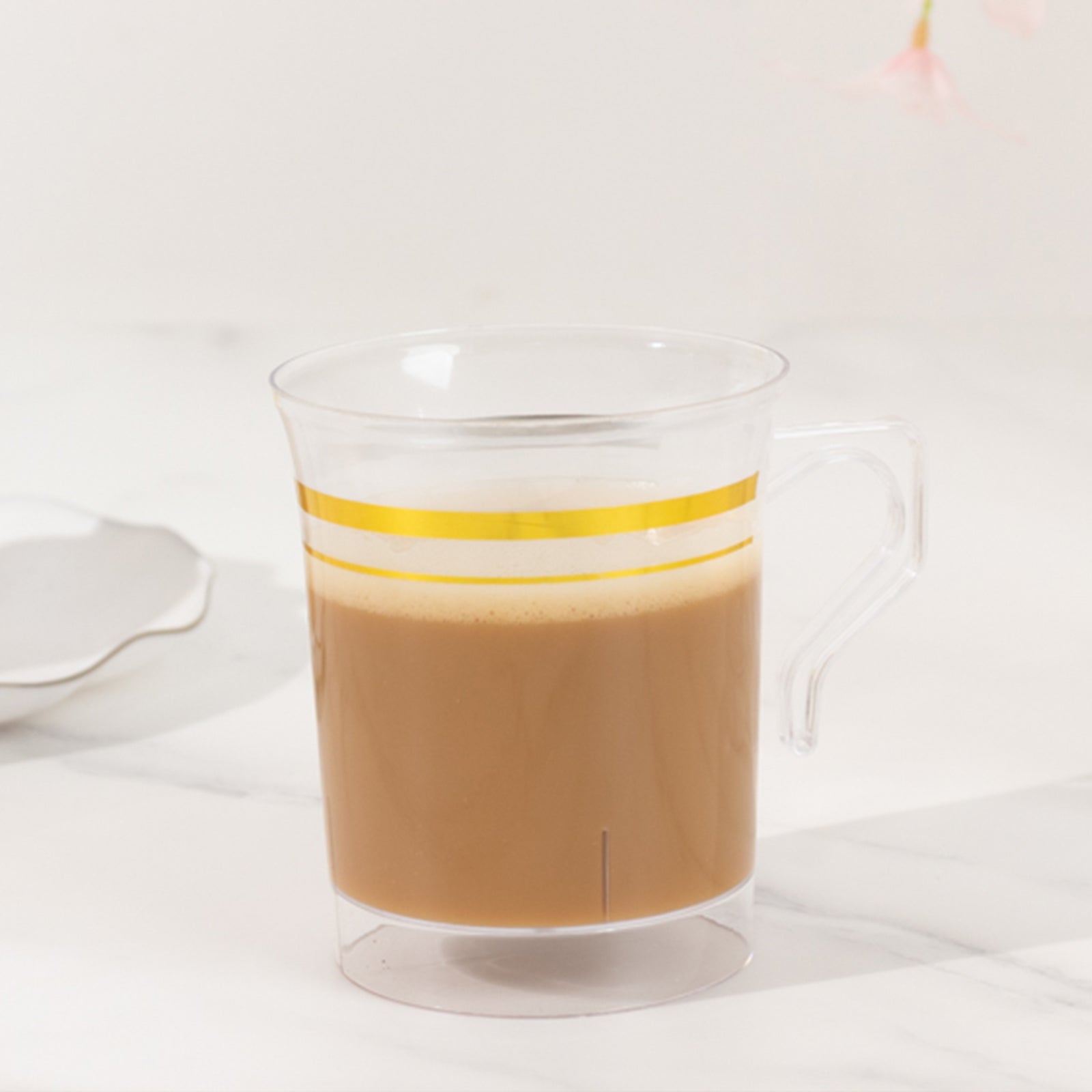 8-Pack Plastic Coffee Mugs Clear with Gold Stripes - Sturdy Disposable Cups for Coffee and Tea 8oz 3.5