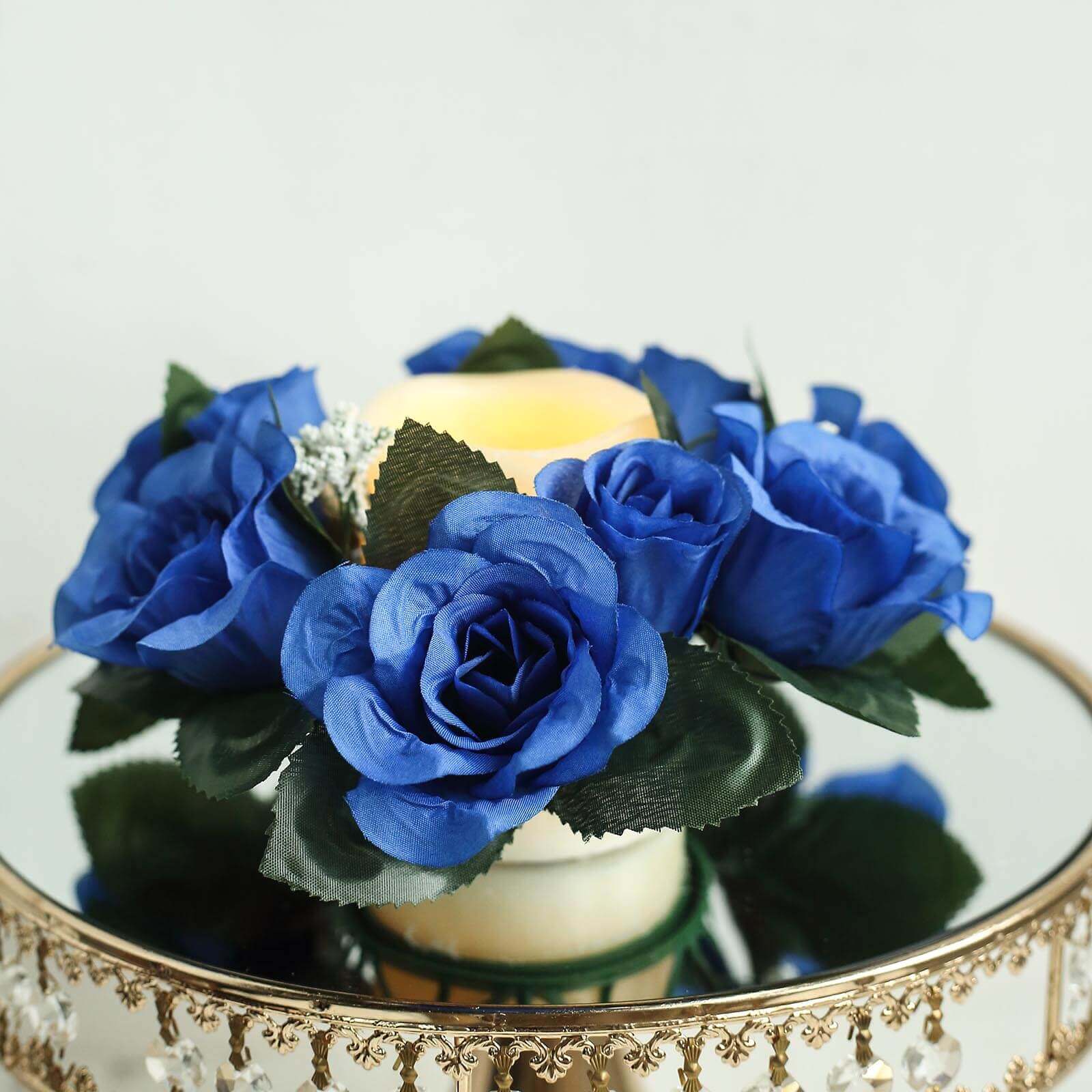 4 Pack 3 Royal Blue Artificial Silk Rose Flower Candle Ring Wreaths