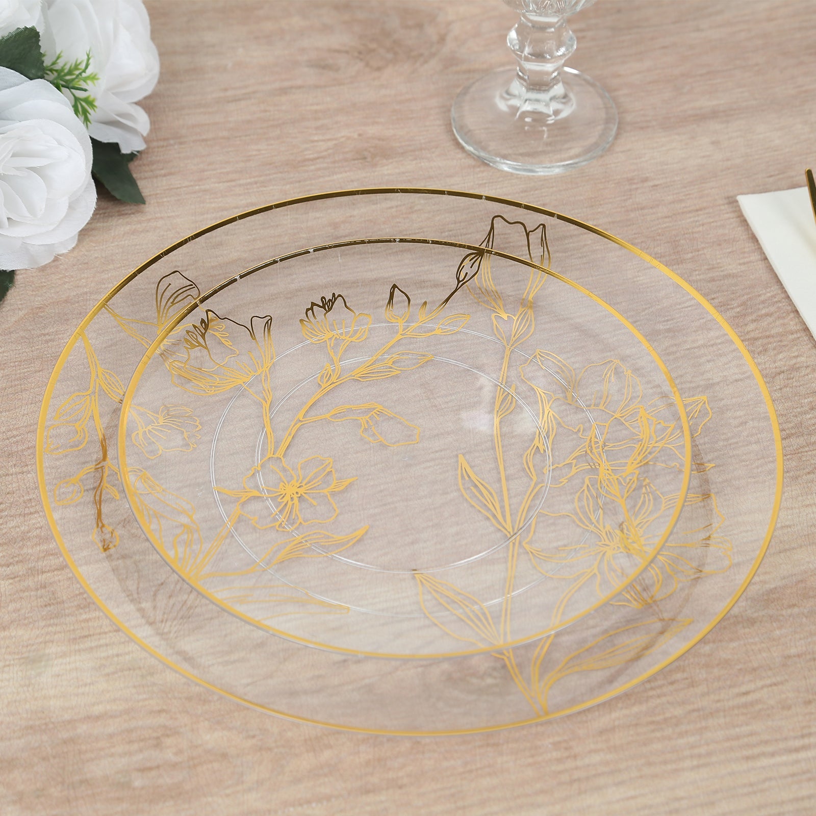 Set of 20 Plastic Round Dinner and Dessert Plates in Clear with Metallic Gold Floral Design - Stylish Disposable Dinnerware 8, 10