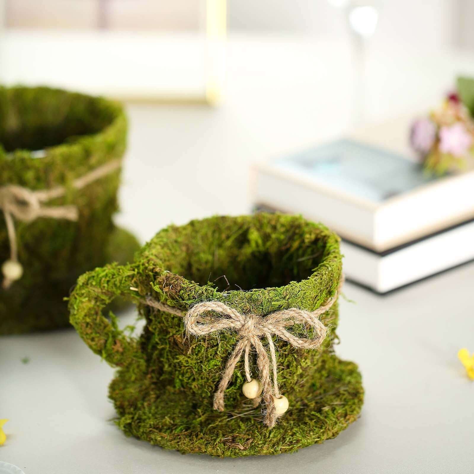 Set of 2 Teacup Shaped Planter Boxes Preserved Moss with Twine Green - Flower Basket Centerpieces 5, 4