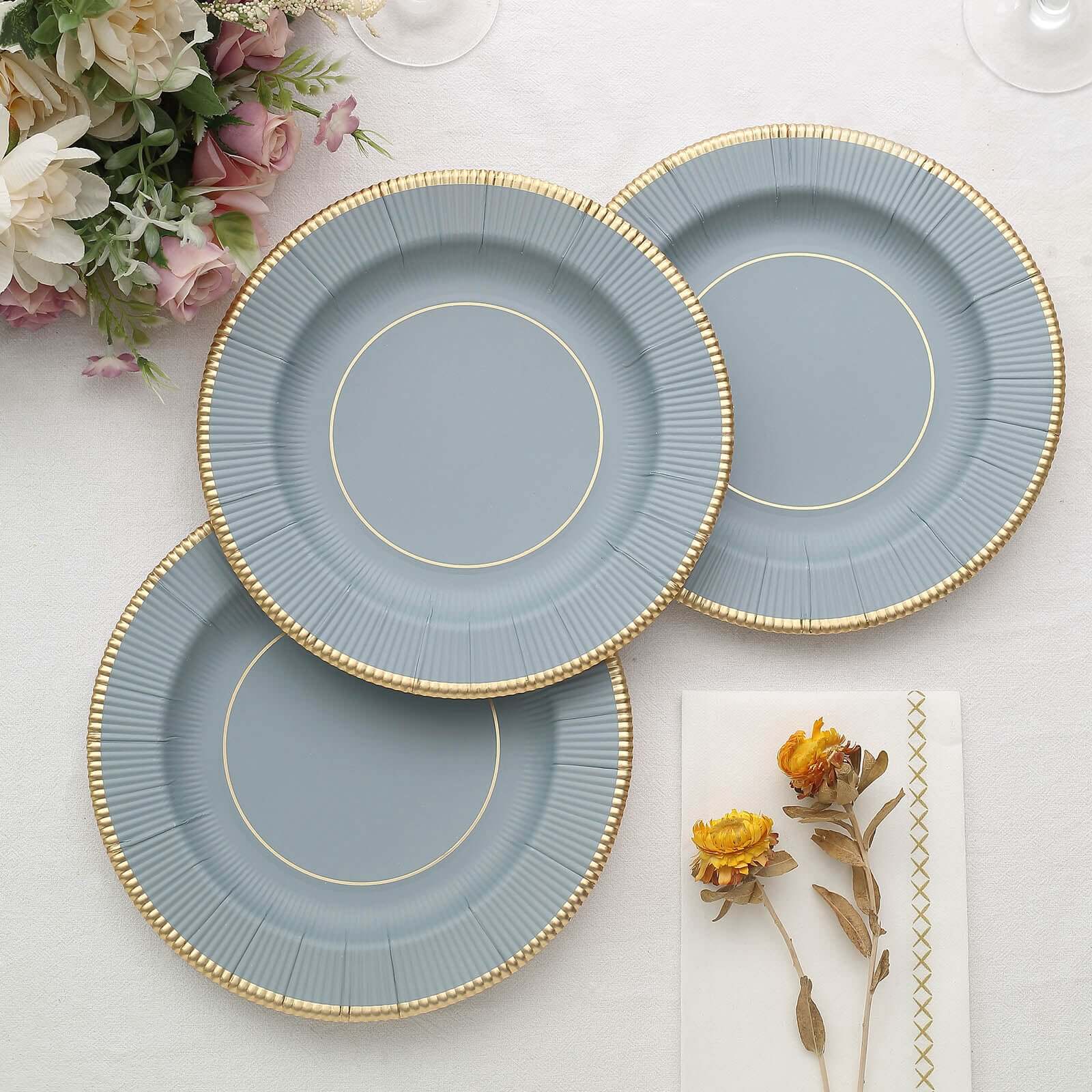 25-Pack Paper 8 Round Dessert Plates in Dusty Blue Sunray Design with Gold Rim - Disposable Heavy Duty 350GSM Appetizer Salad Plates