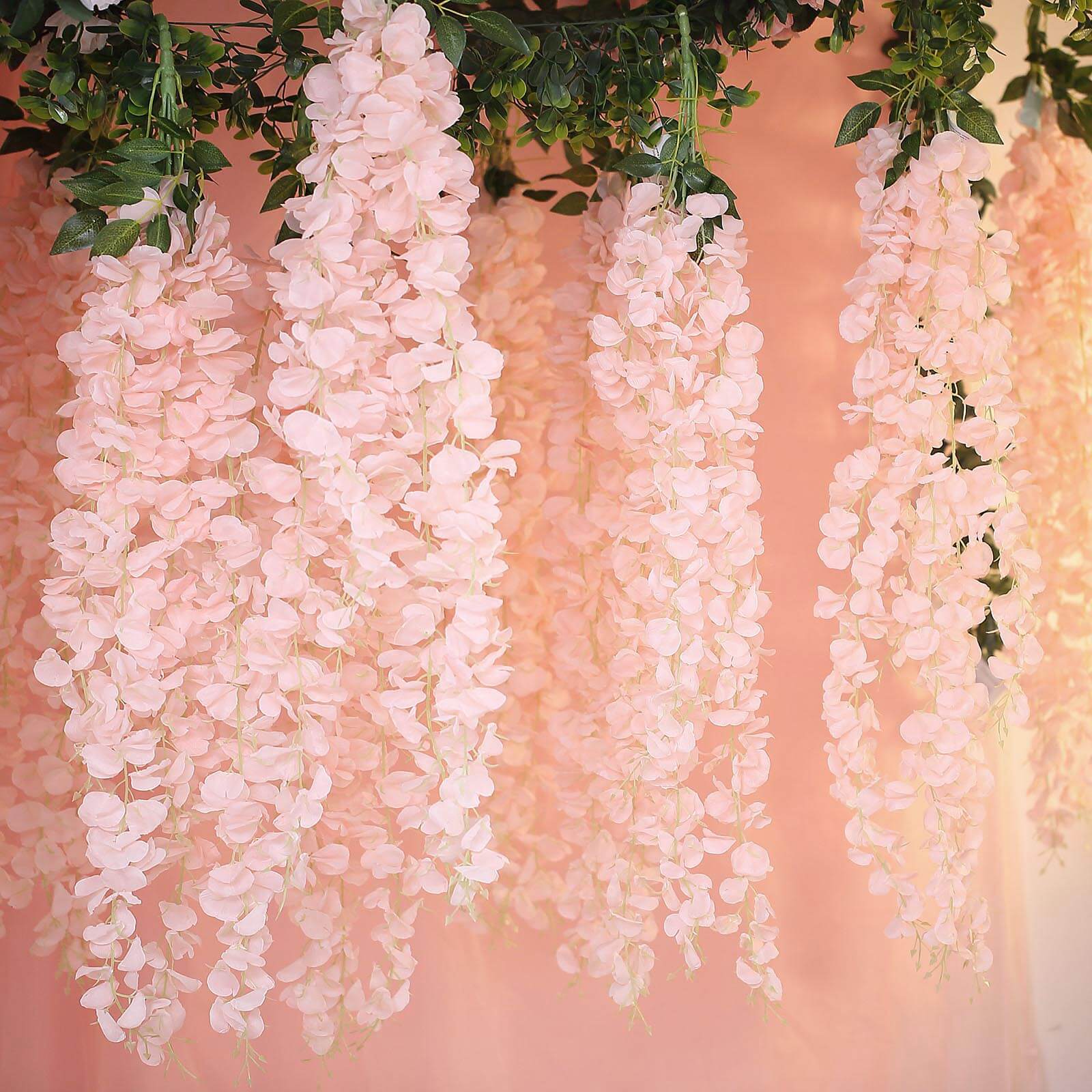 42 Silk Hanging Wisteria Flower Garland Vines in Blush, Elaborated 5 Full Strands in 1 Bush