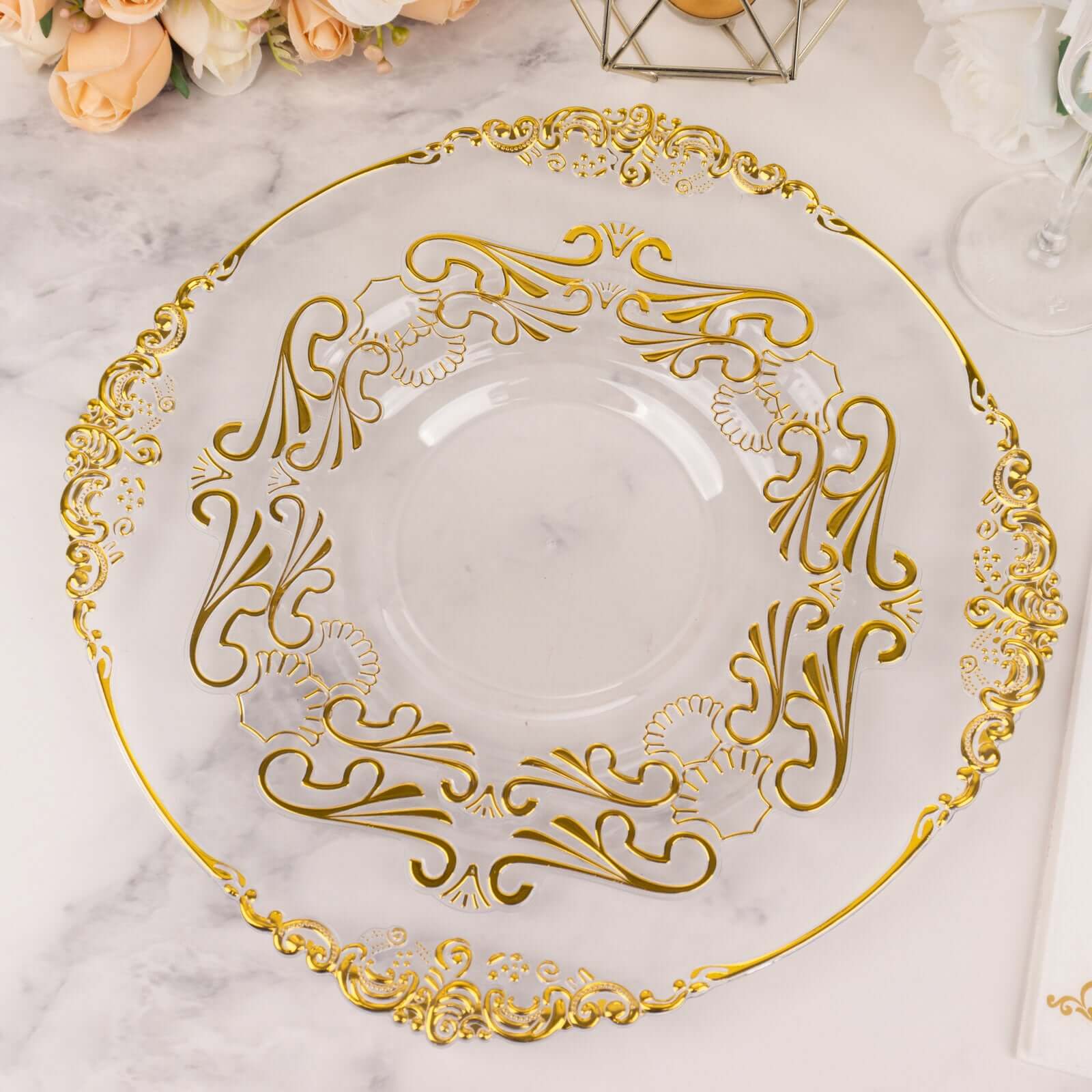 10-Pack Plastic 8 Round Dessert Plates in Clear with Gold Vintage Baroque Scalloped Rim - European Style Disposable Salad Appetizer Plates