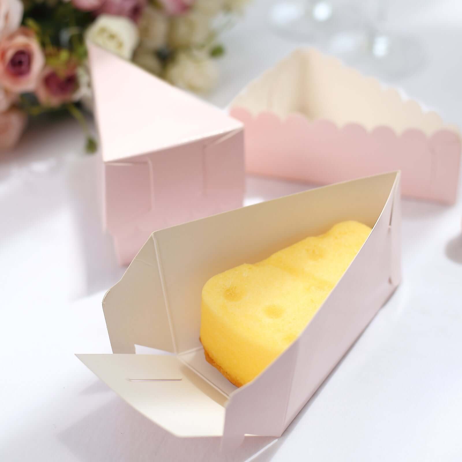 10-Pack Cardstock Triangle Cake Slice Boxes Blush with Scalloped Top - Decorative Takeaway Dessert Containers for Pie Snacks & Party Favors 5x3