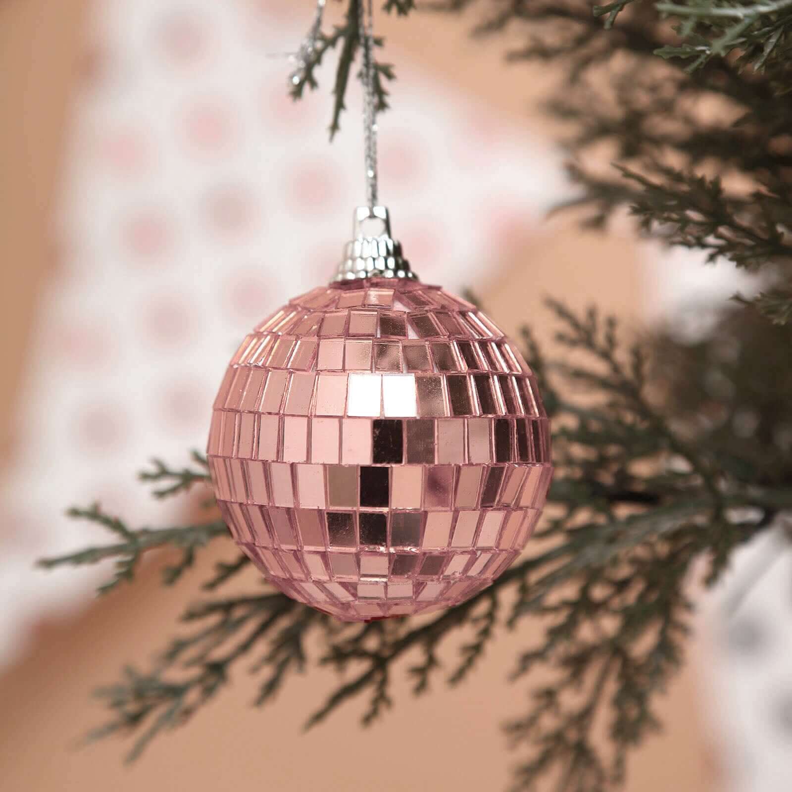 6 Pack 2 Rose Gold Foam Disco Mirror Ball With Hanging Strings, Holiday Christmas Ornaments