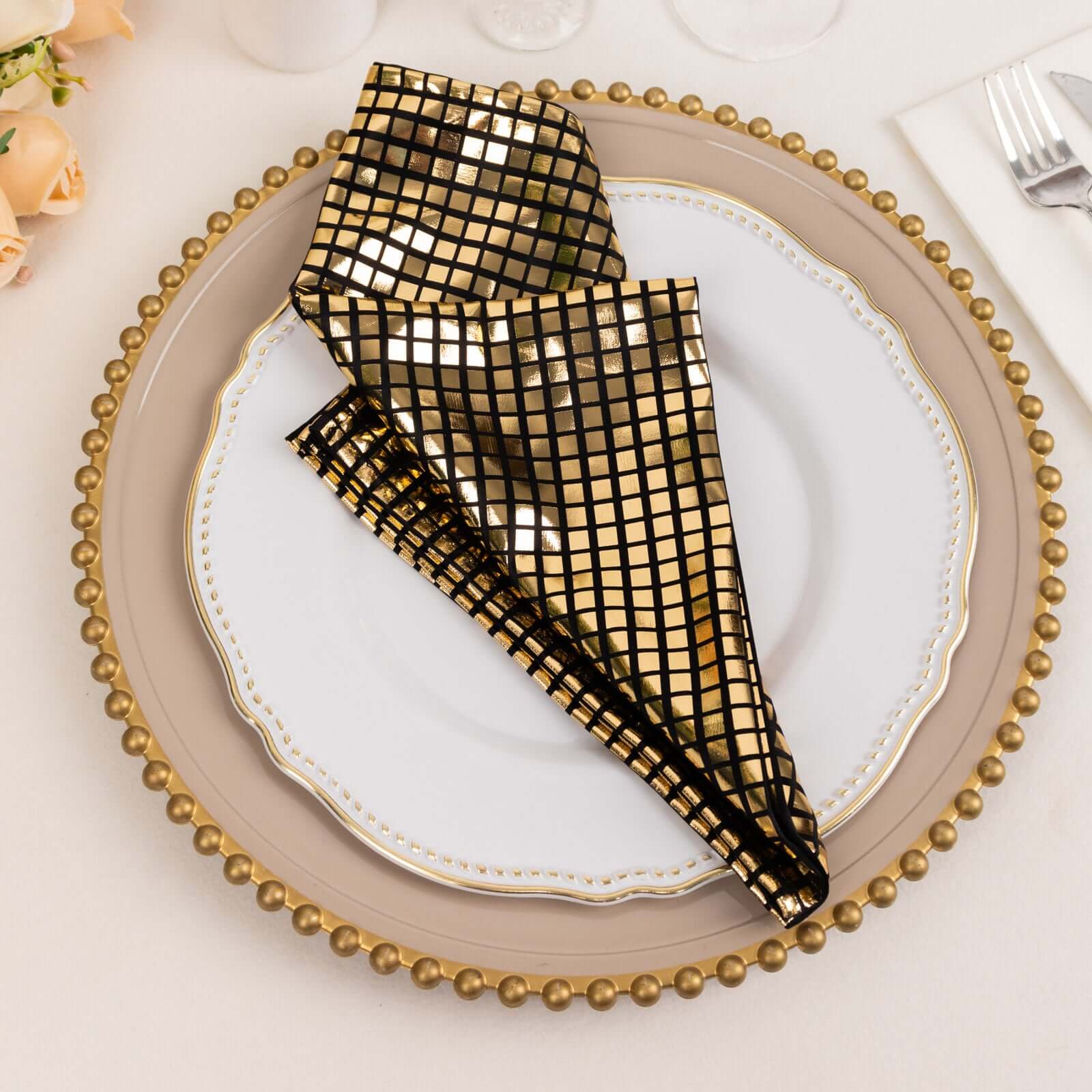 5 Pack Polyester 20x20 Napkins Black with Refelective Gold Foil for Luxe Events & Retro Themes