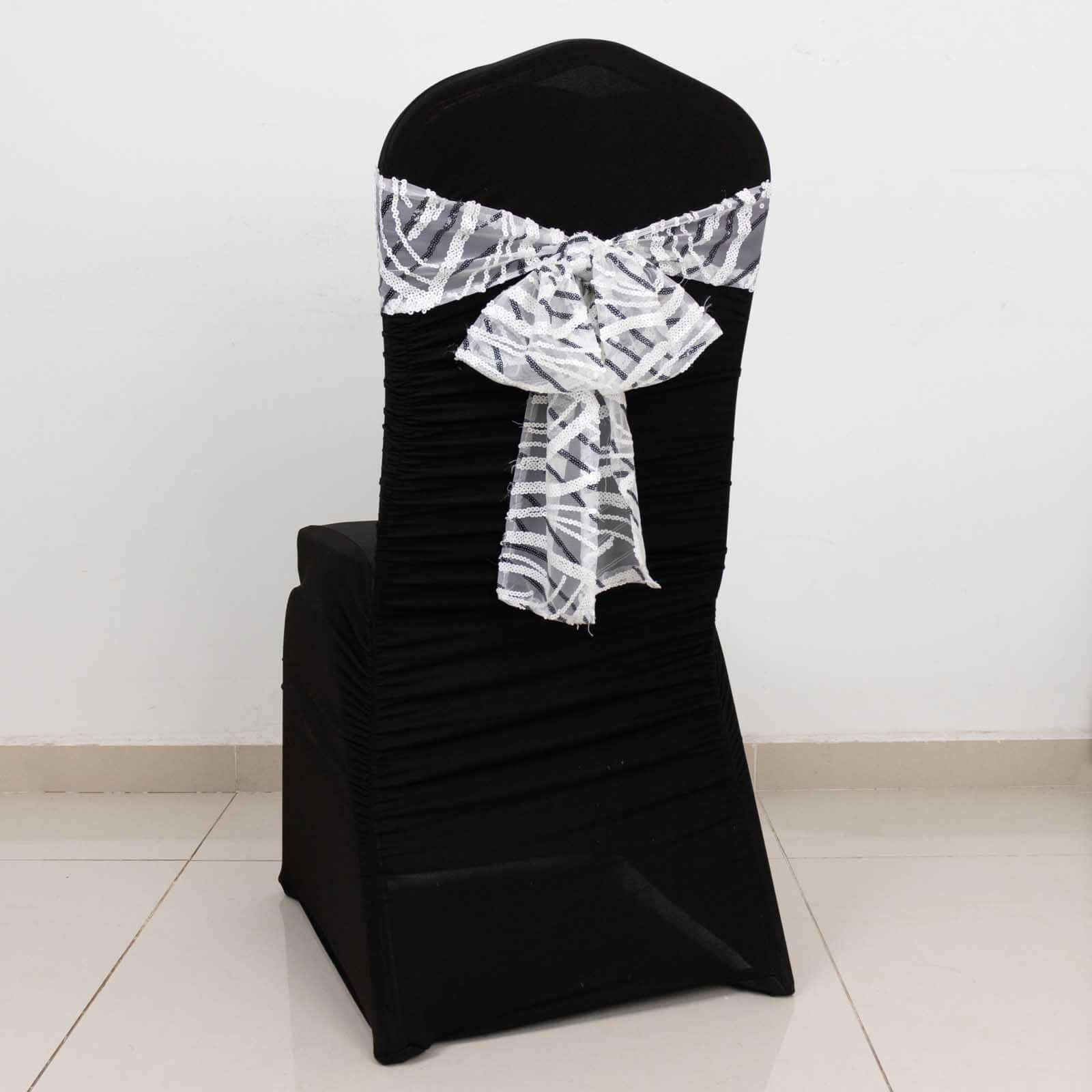 5 Pack Chair Sashes with Wave Embroidered Sequins White/Black 6x88 - Stylish Glittering Decor for Weddings