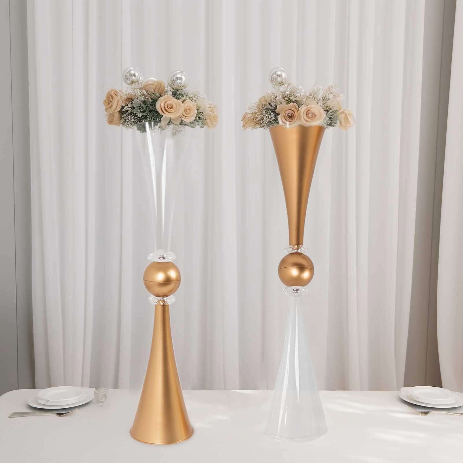 2-Pack Flower Vases Trumpet Design with Crystal Embellishments Clear and Gold - Reversible Plastic Centerpieces for Events 27