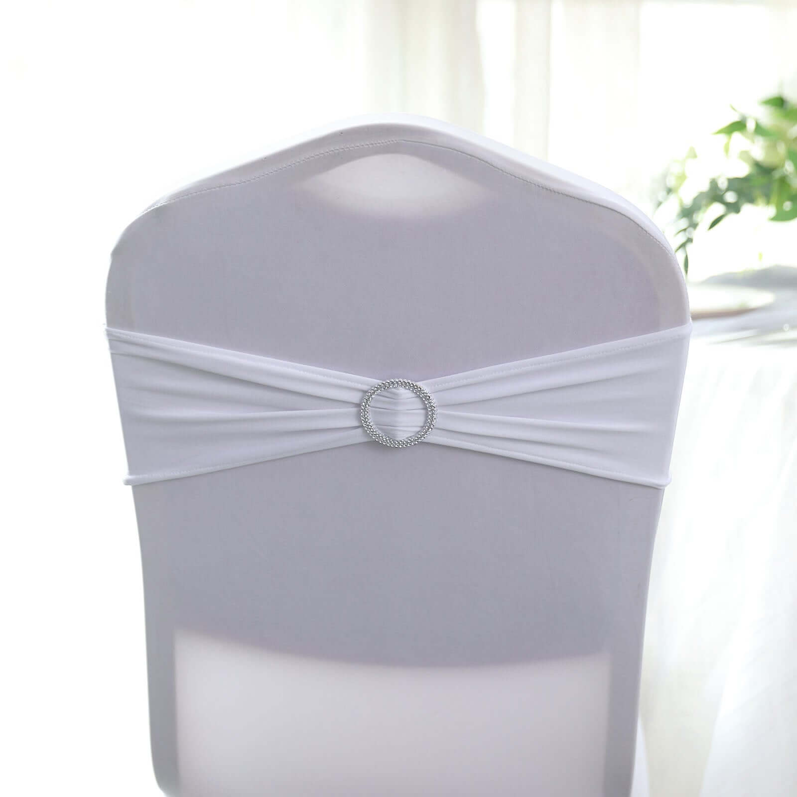 5 Pack Stretch Spandex Chair Sashes White - Classy Reusable Chair Bands with Silver Diamond Ring Slide Buckle 5x14