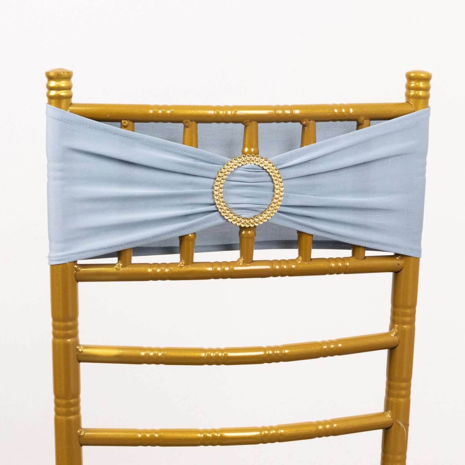 5 Pack Spandex Chair Sashes Dusty Blue with Gold Rhinestone Buckles - Reusable Four-Way Stretch Sash Bands 5x14