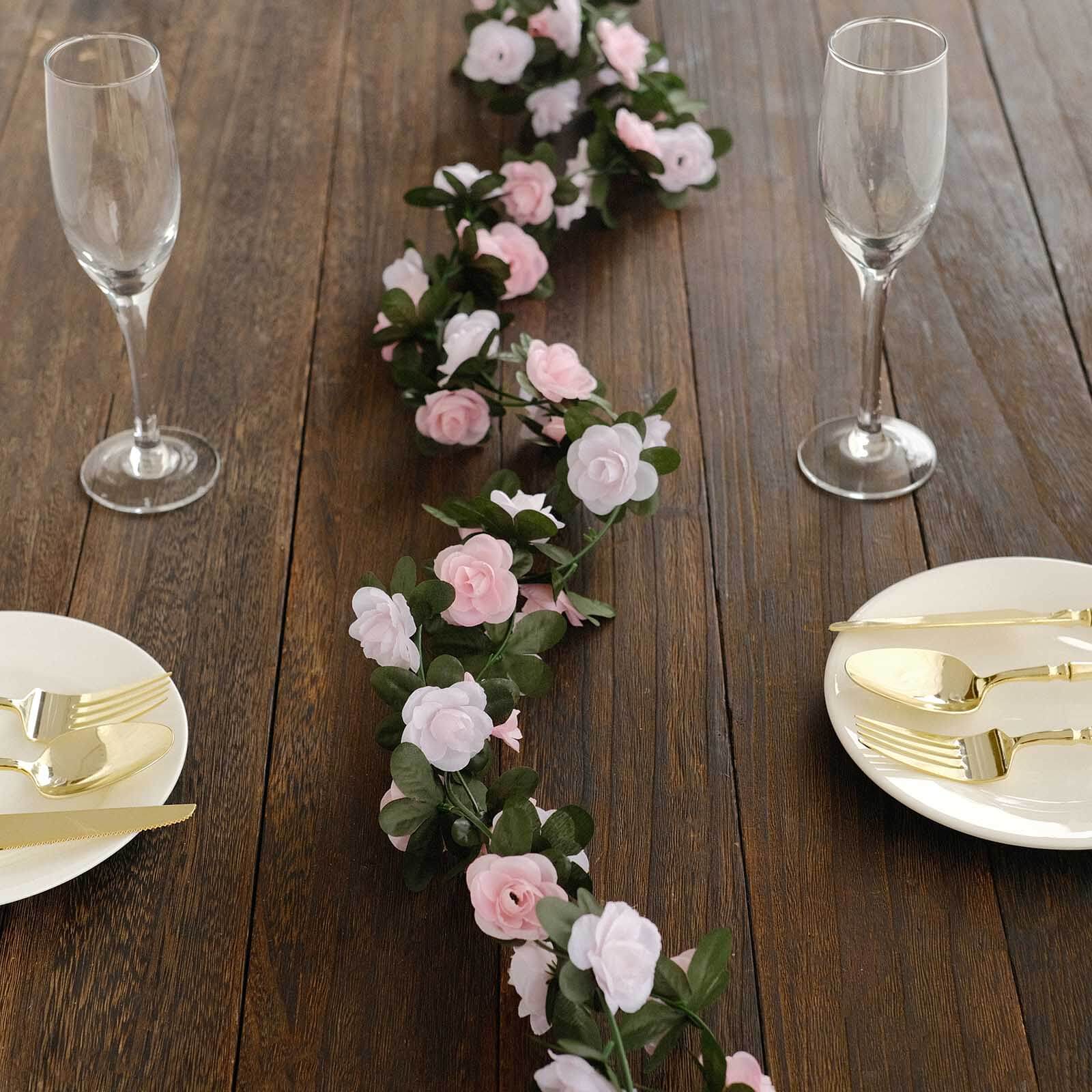 2 Pack 8ft Blush Dusty Rose Artificial Silk Flower Garland Mini Rose Vines with 45 Flower Heads