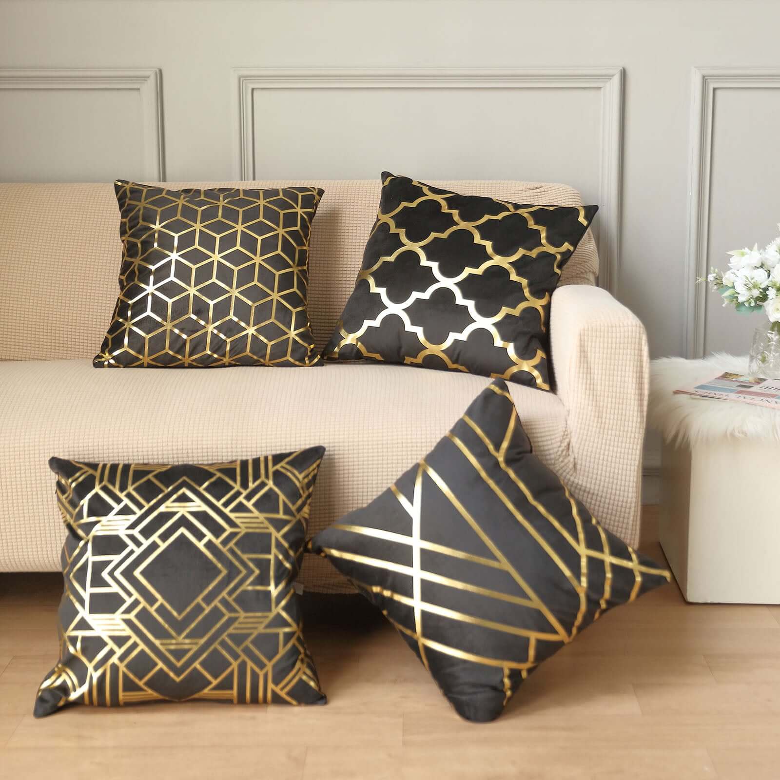 Set Of 4 18 Black Gold Foil Geometric Print Throw Pillow Covers, Velvet Square Sofa Cushion Covers